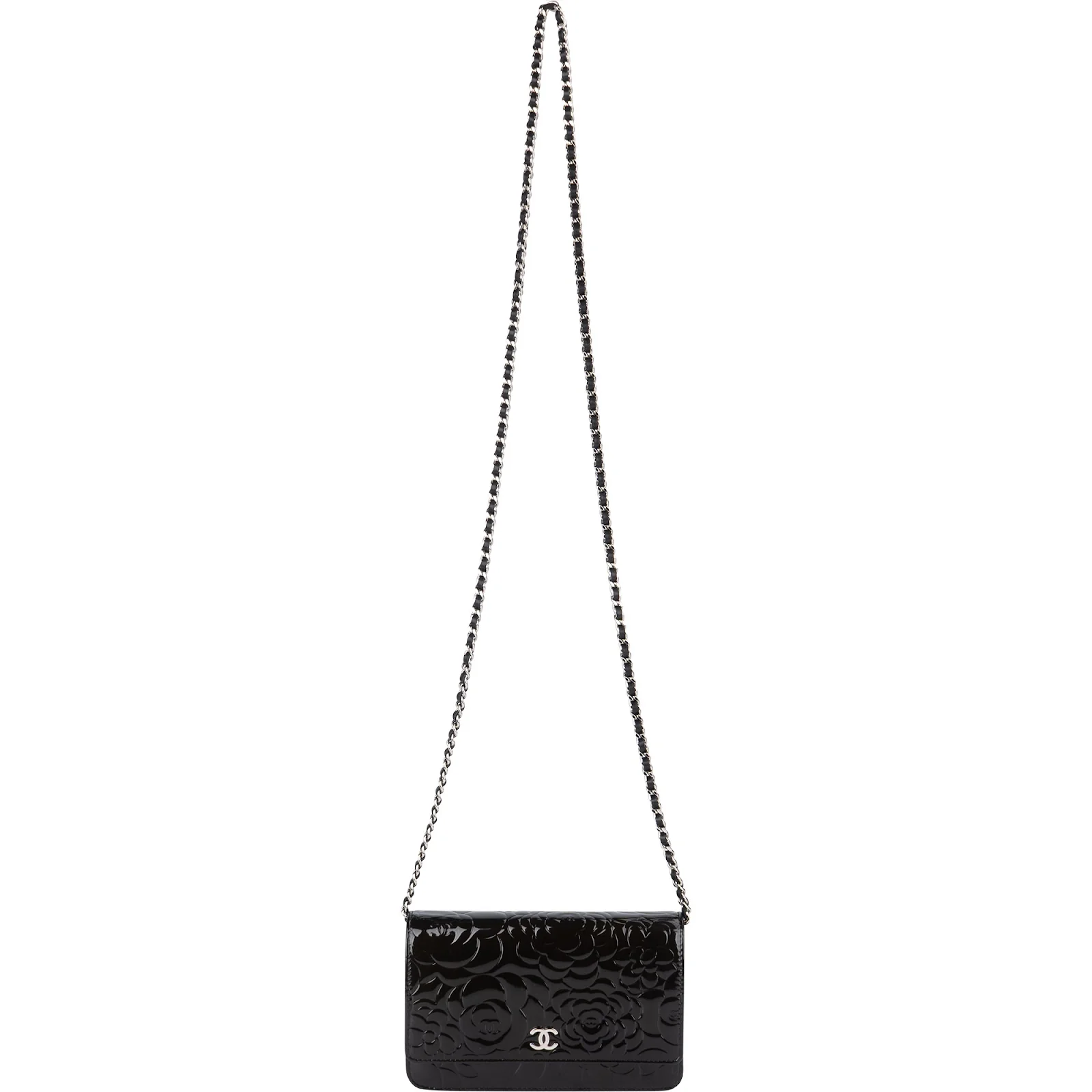 Chanel Patent Embossed Leather Camellia Wallet On Chain Crossbody Bag
