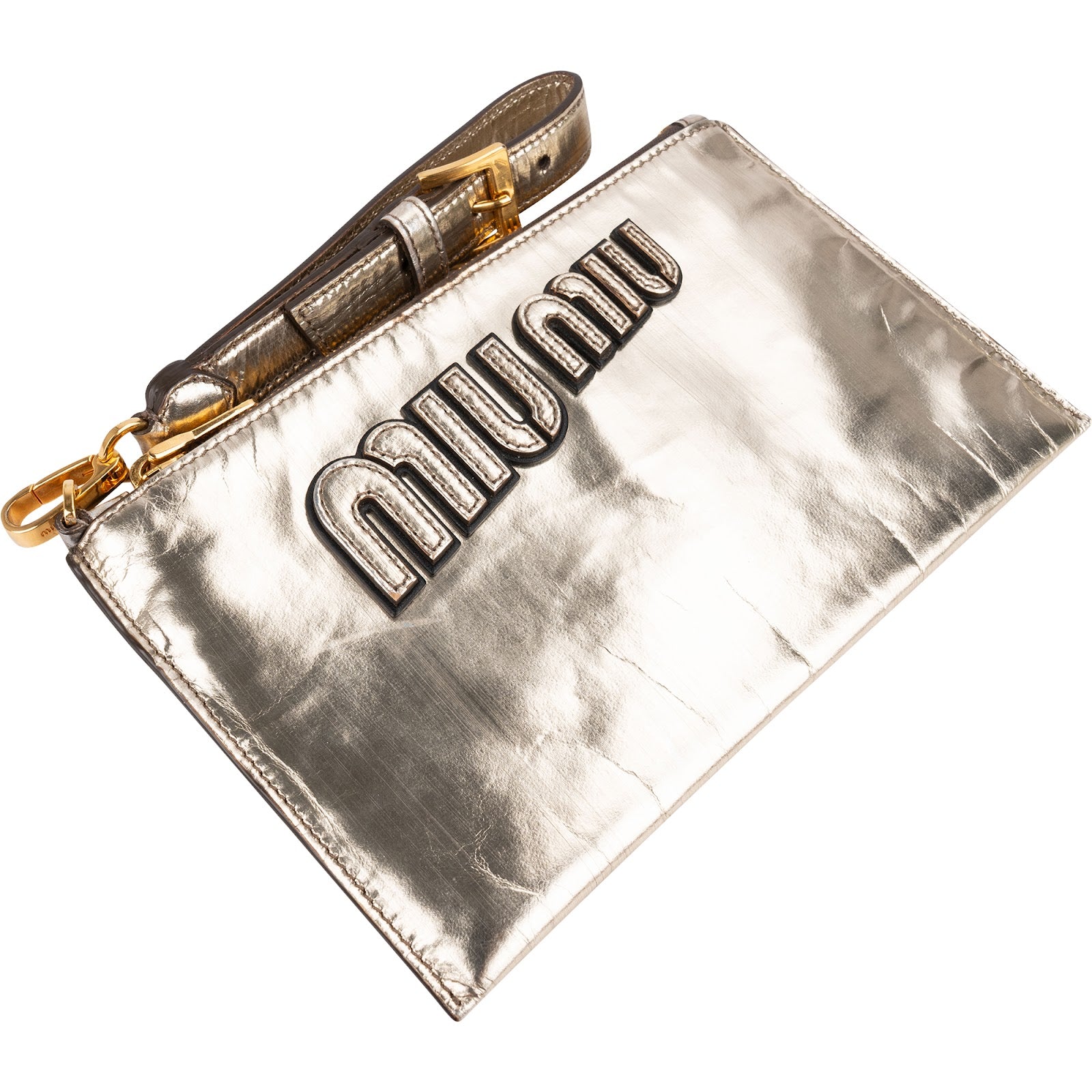 Miu Miu Metallic Leather Emblem Pouch Bag