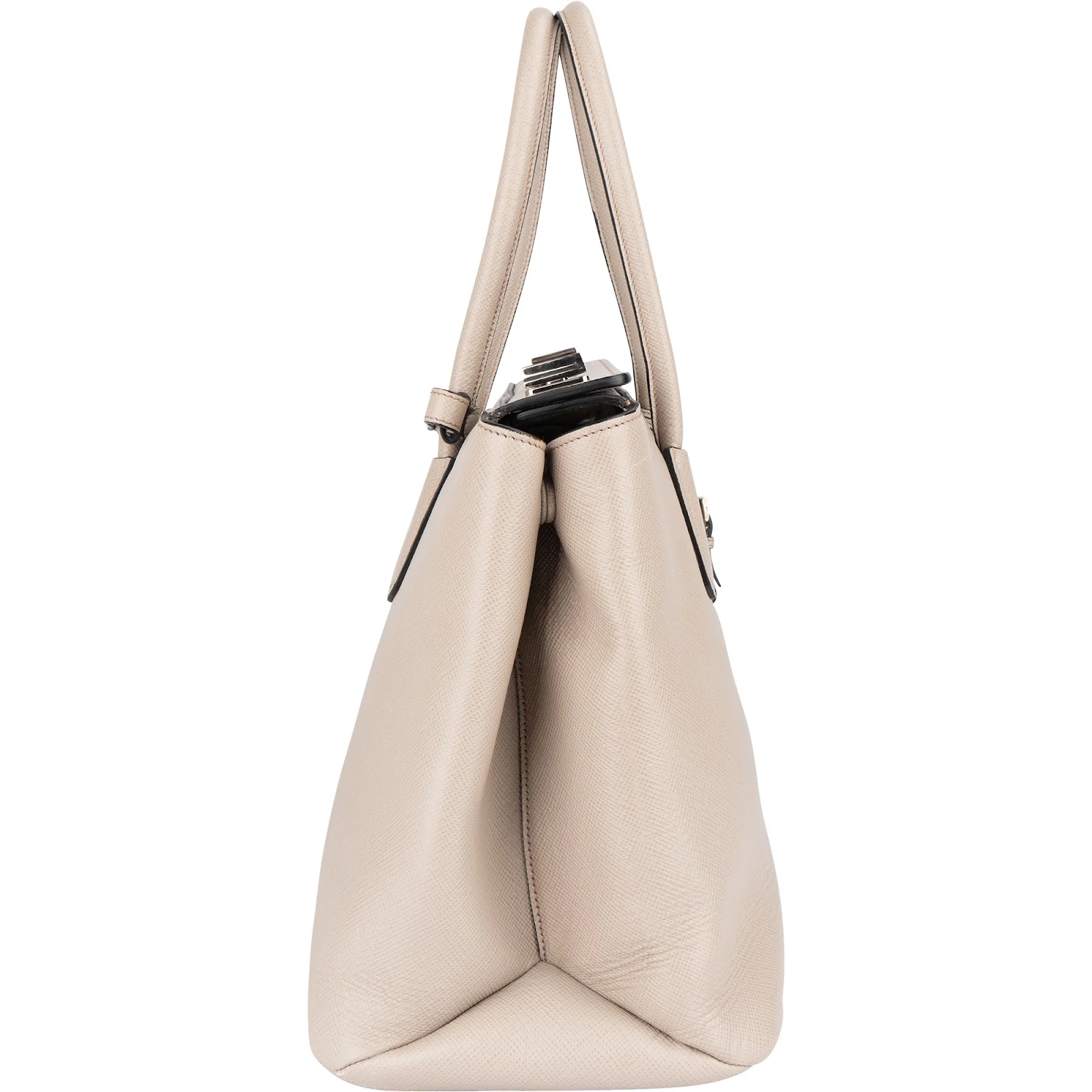 Prada Grey Saffiano Leather Turnlock Double Handbag