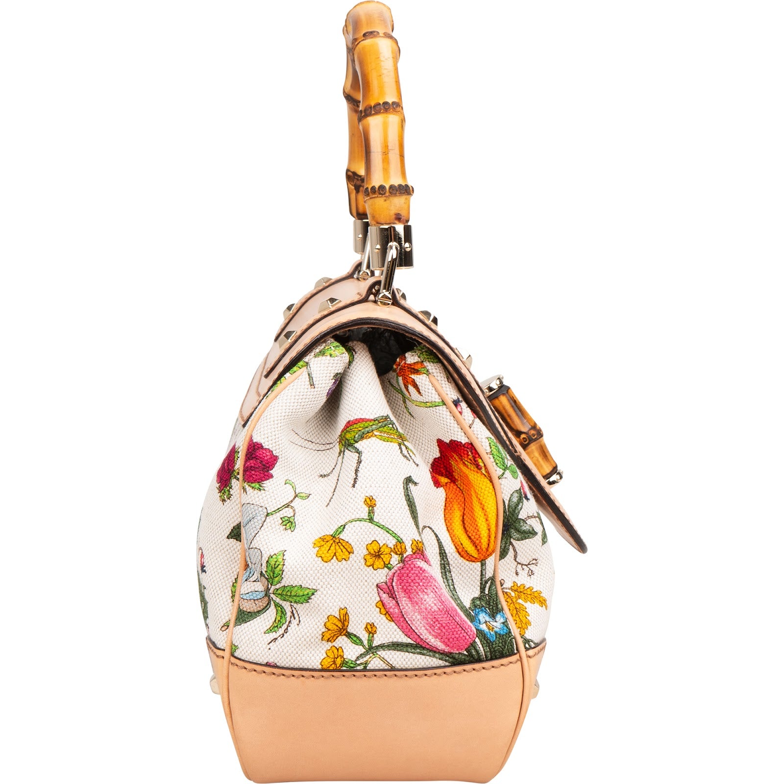Gucci Rose Leather Flora Print Canvas Bamboo Top Handle Handbag