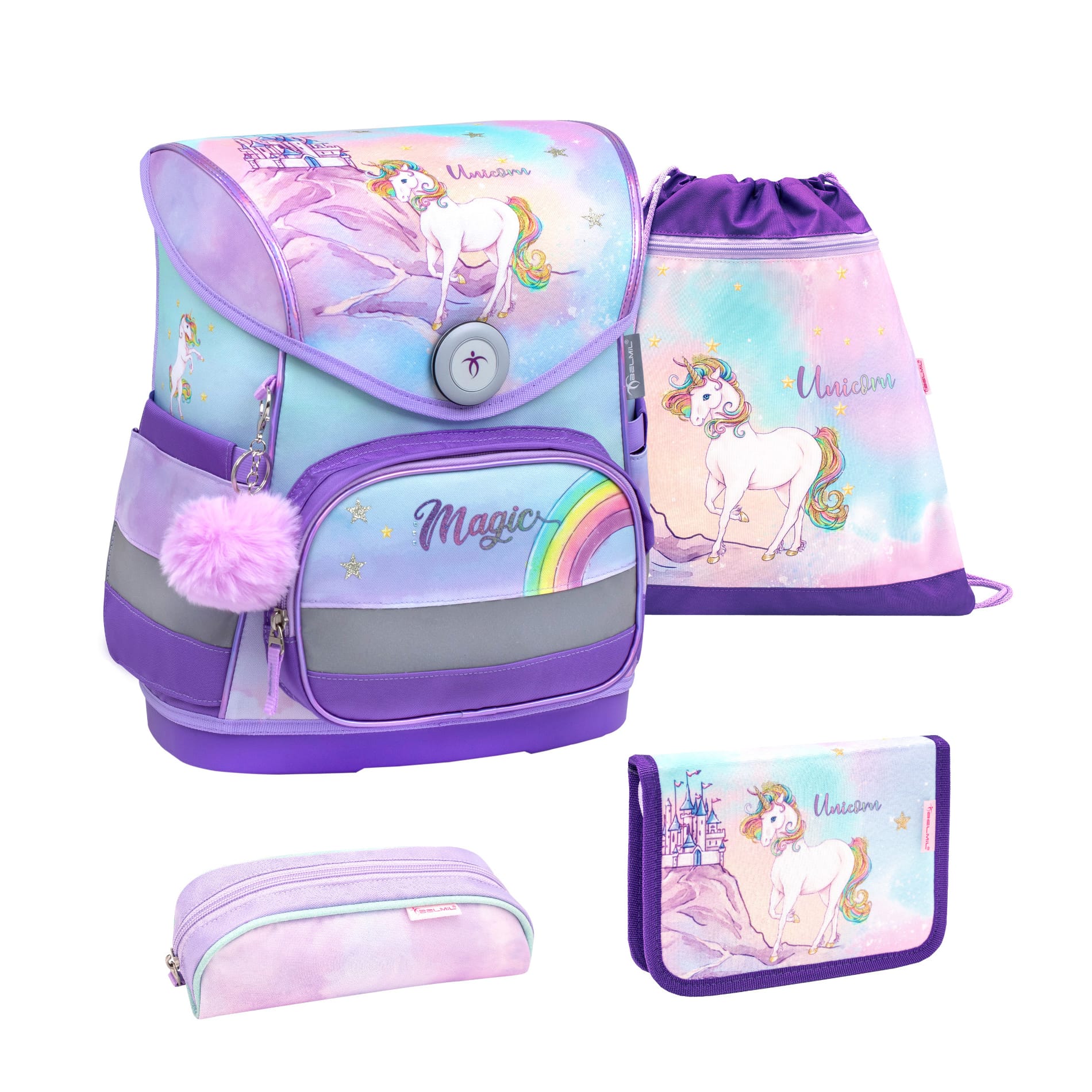 Compact ergonomisches Schulranzen-Set 4-teilig - Rainbow Unicorn Magic