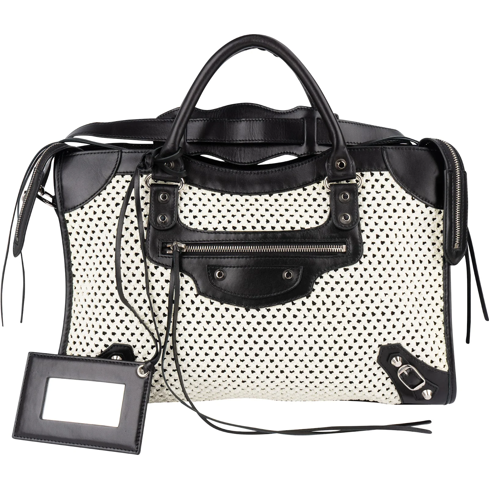 Balenciaga Black and White Raffia and Leather City Handbag