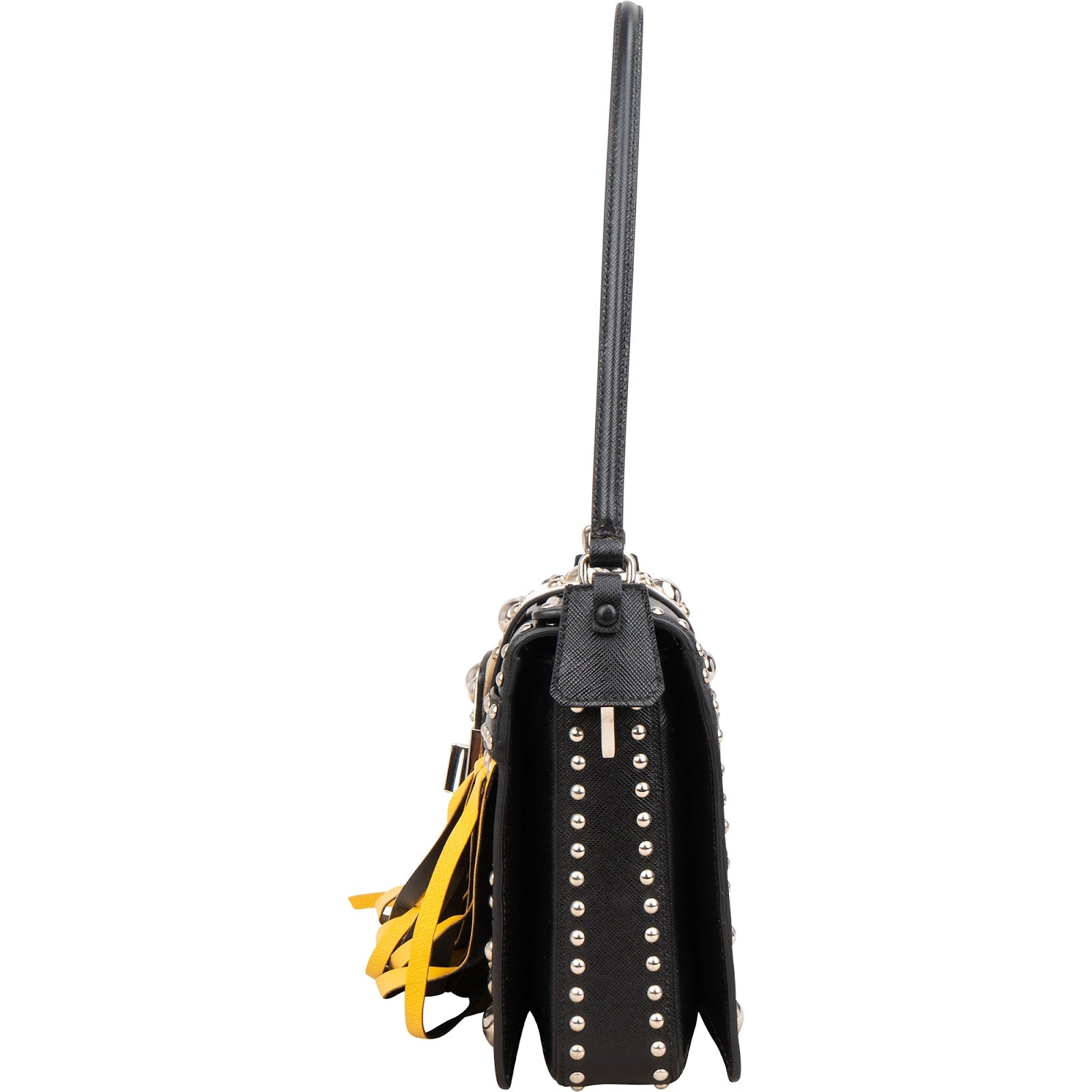 Prada Saffiano Leather Studded Fringe Turnlock Cahier Shoulder Bag