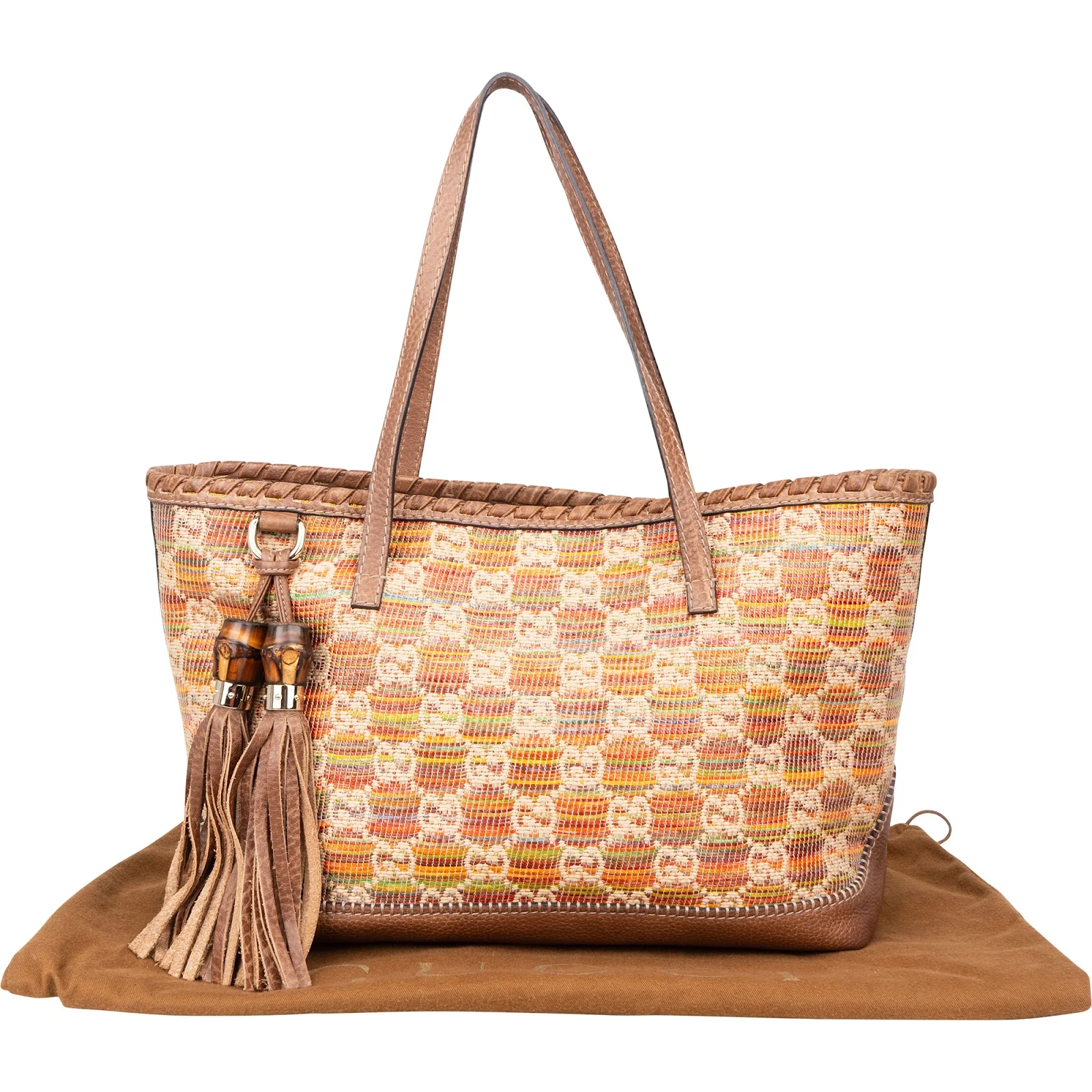 Gucci Monogram Multicolor Raffia and Leather GG Bamboo Tassel Tote Shoulder Bag