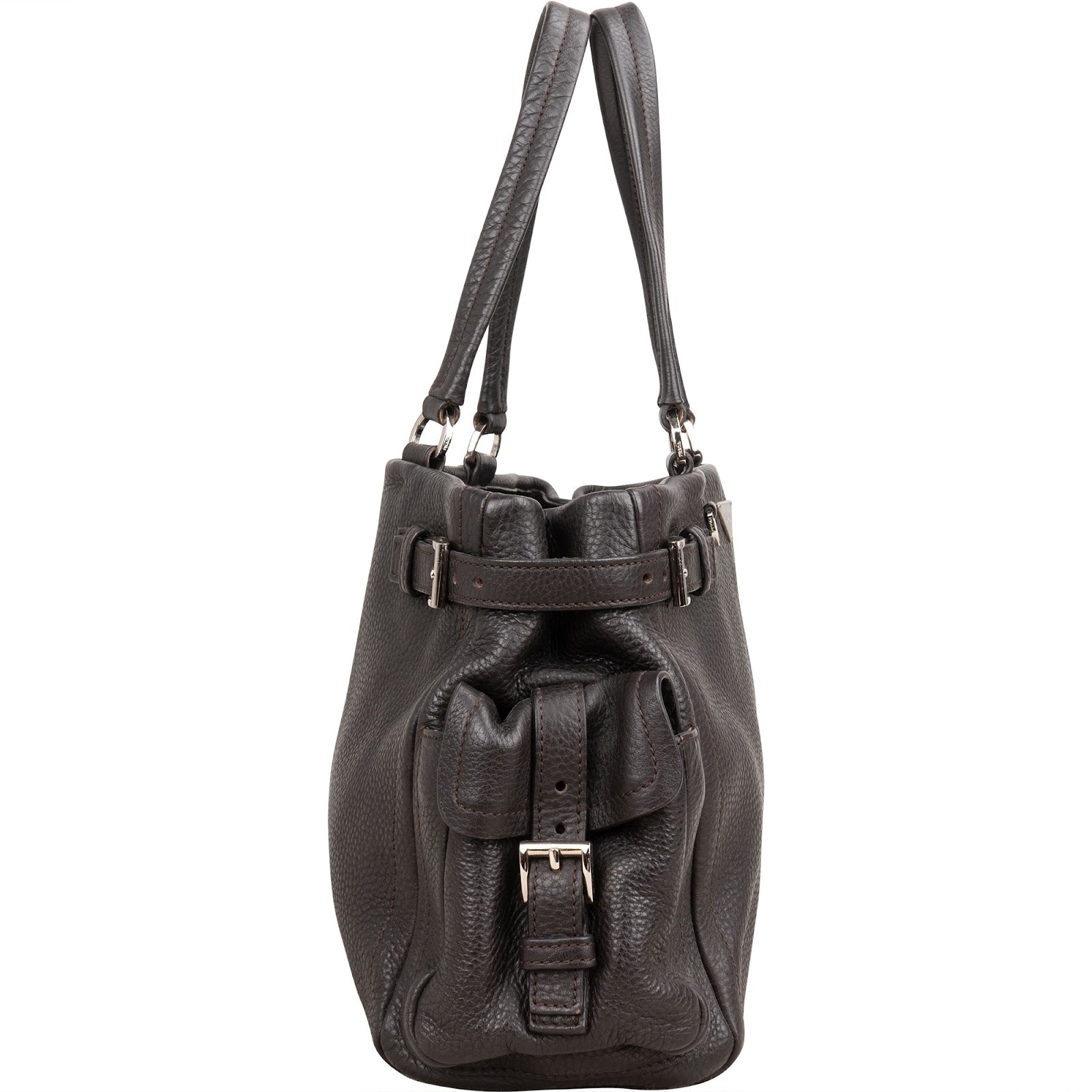 Prada Dark Brown Vitello Daino Leather Buckle Satchel Handbag