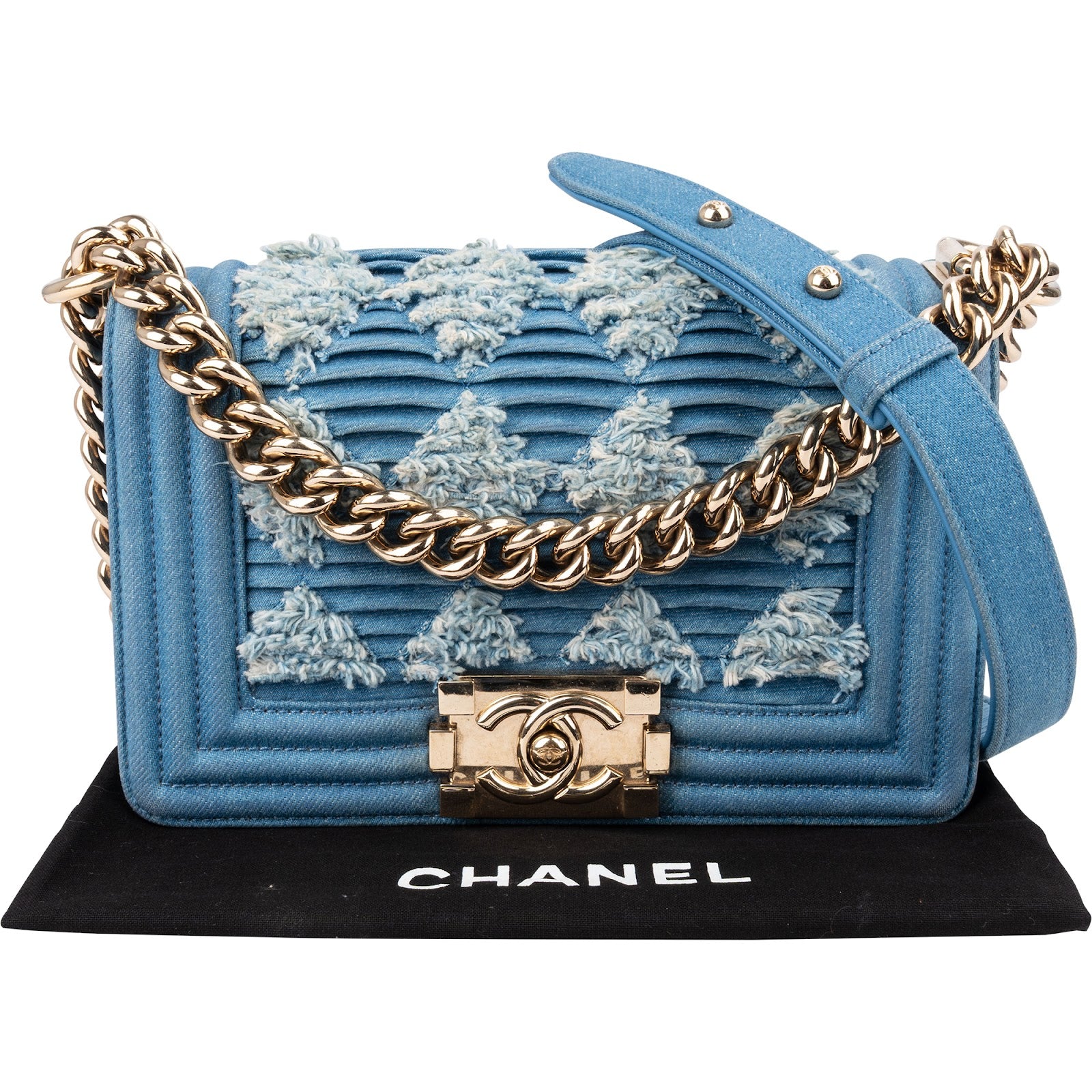 Chanel Denim Frayed Chevron Pleated Small Boy Crossbody Bag