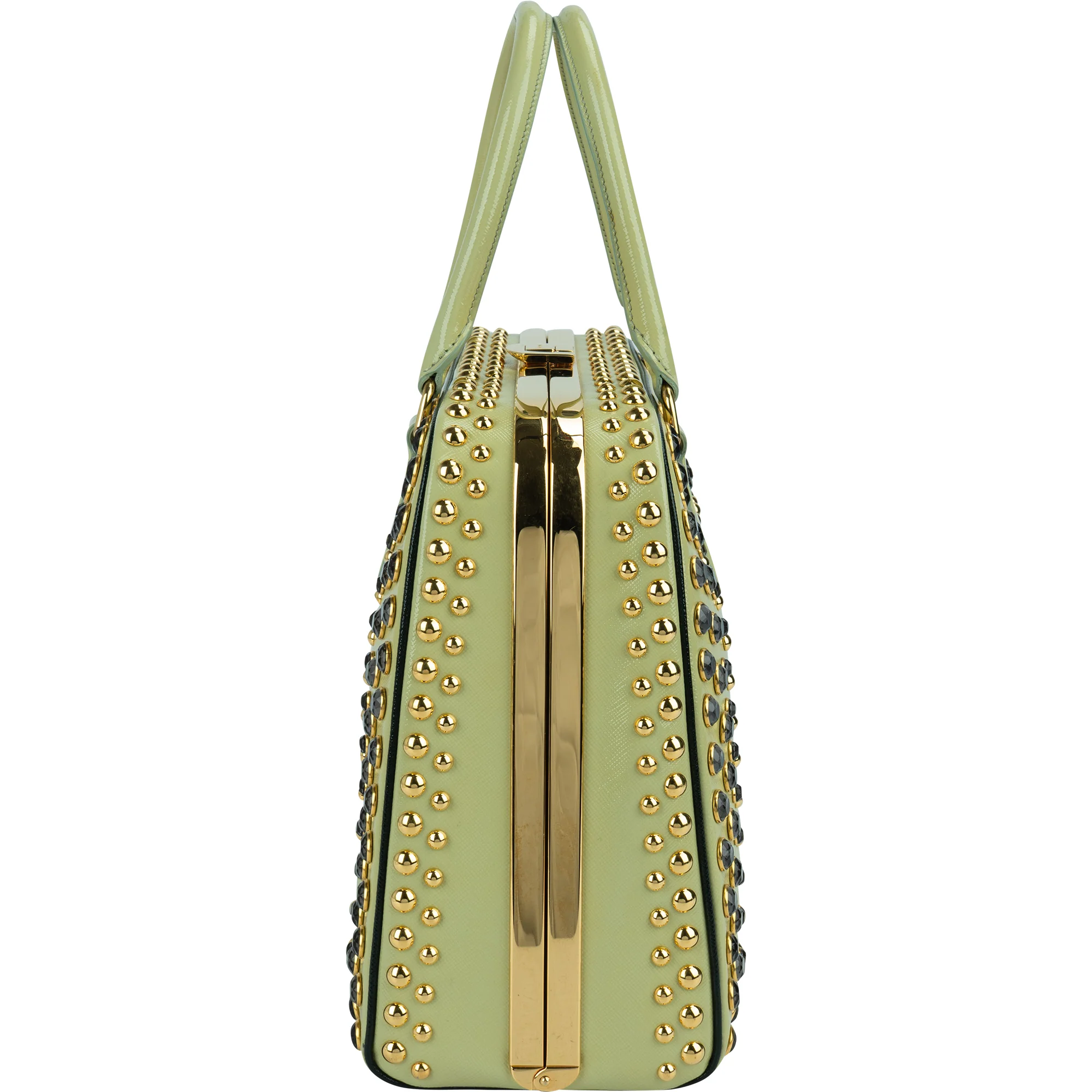 Prada Saffiano Vernic Leather Pyramid Frame Crystal Studded Promenade Handbag
