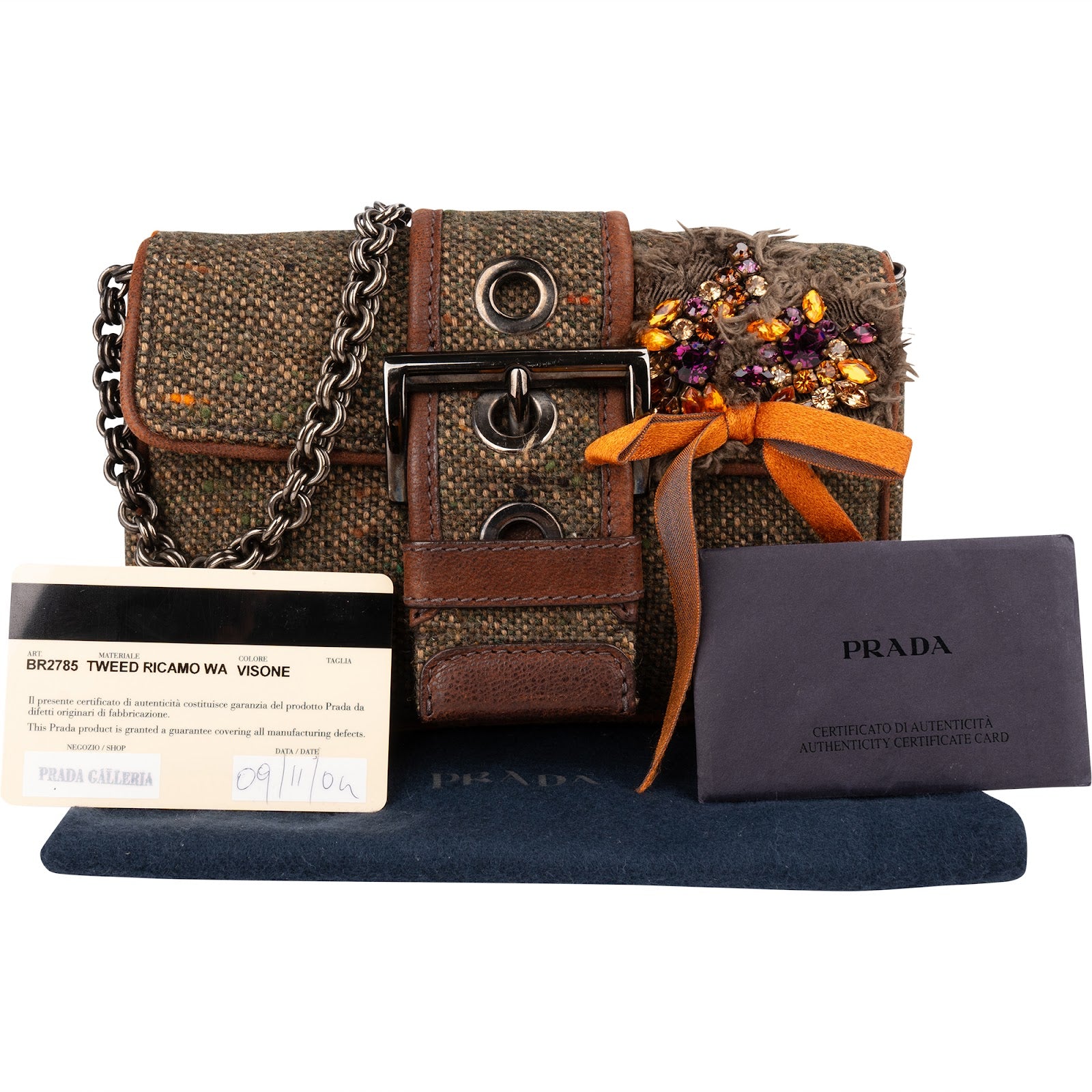 Prada - Tweed Ricamo Visone Mini Flap Shoulder Bag