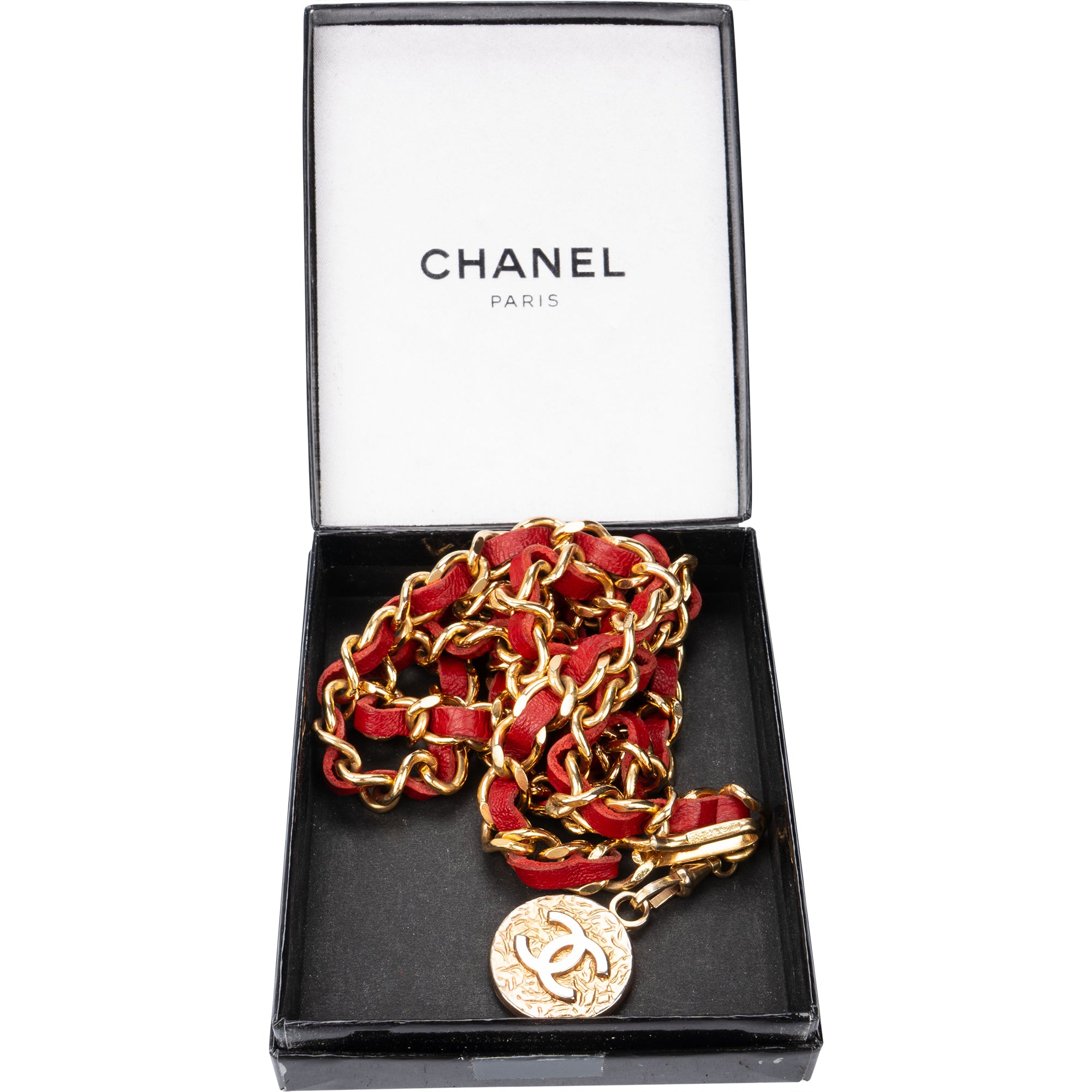 Ceinture Chanel Rouge en cuir d'agneau 1984 avec chaîne dorée au niveau du ventre (94)