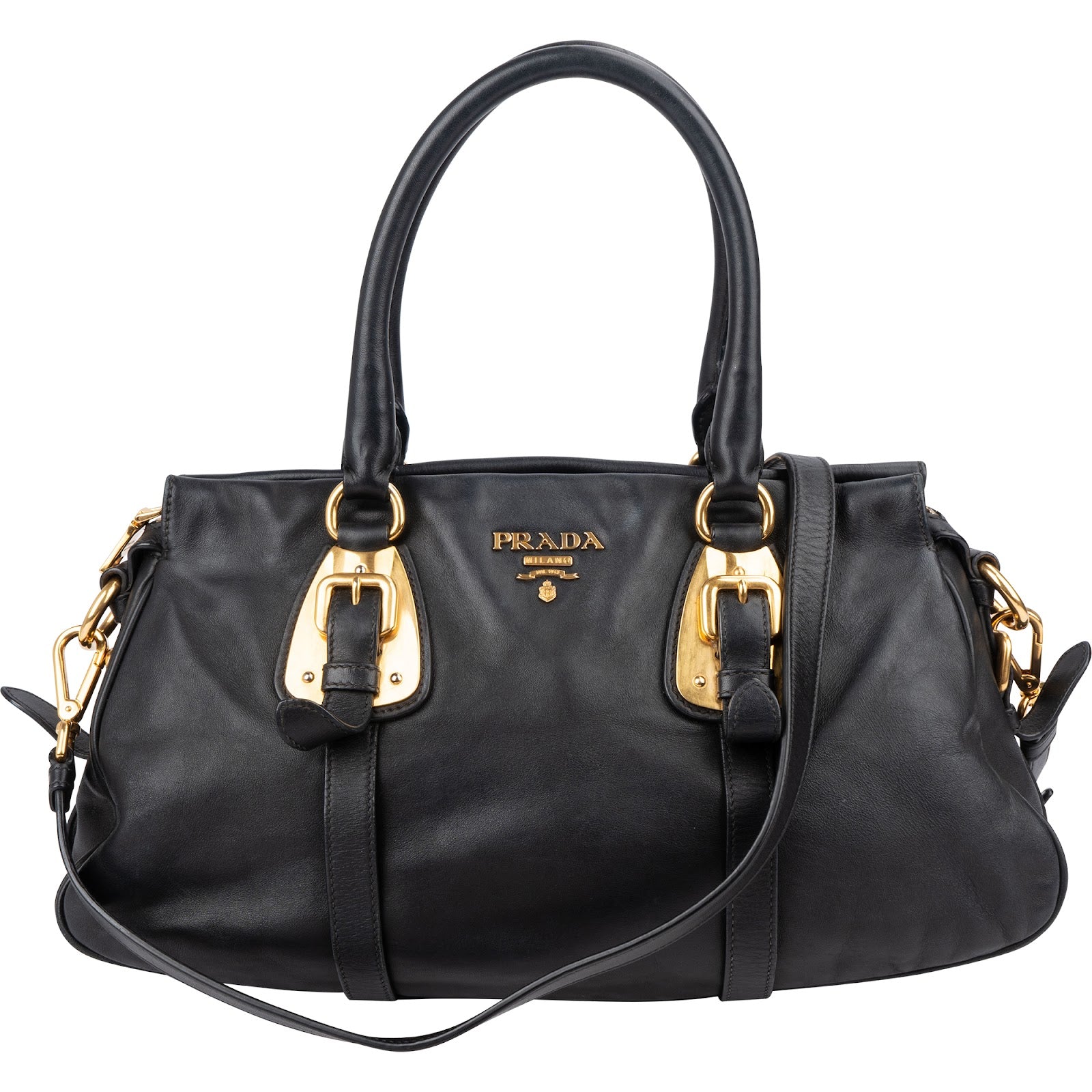 Prada Black Leather Buckle Tote Handbag
