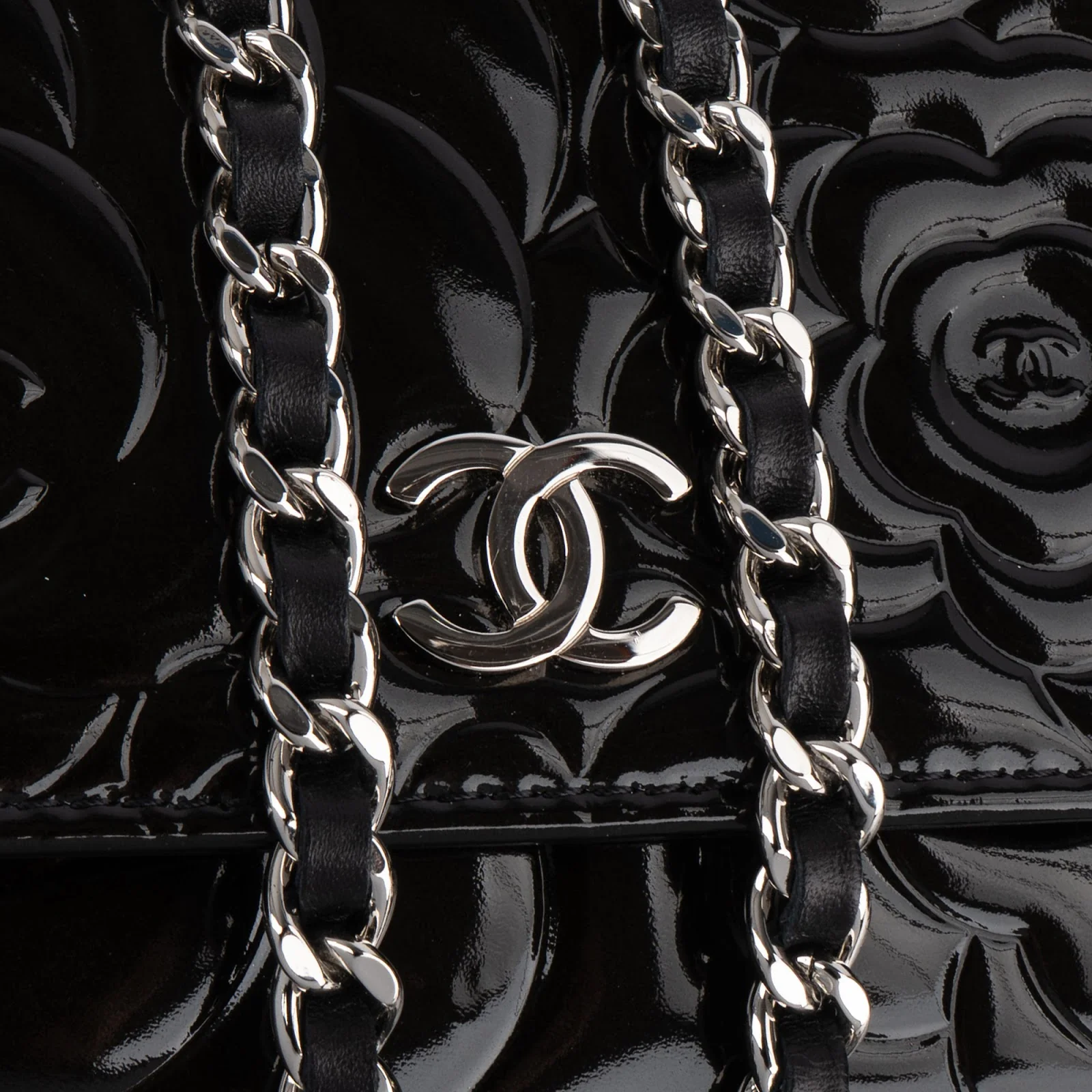 Chanel Patent Embossed Leather Camellia Wallet On Chain Crossbody Bag