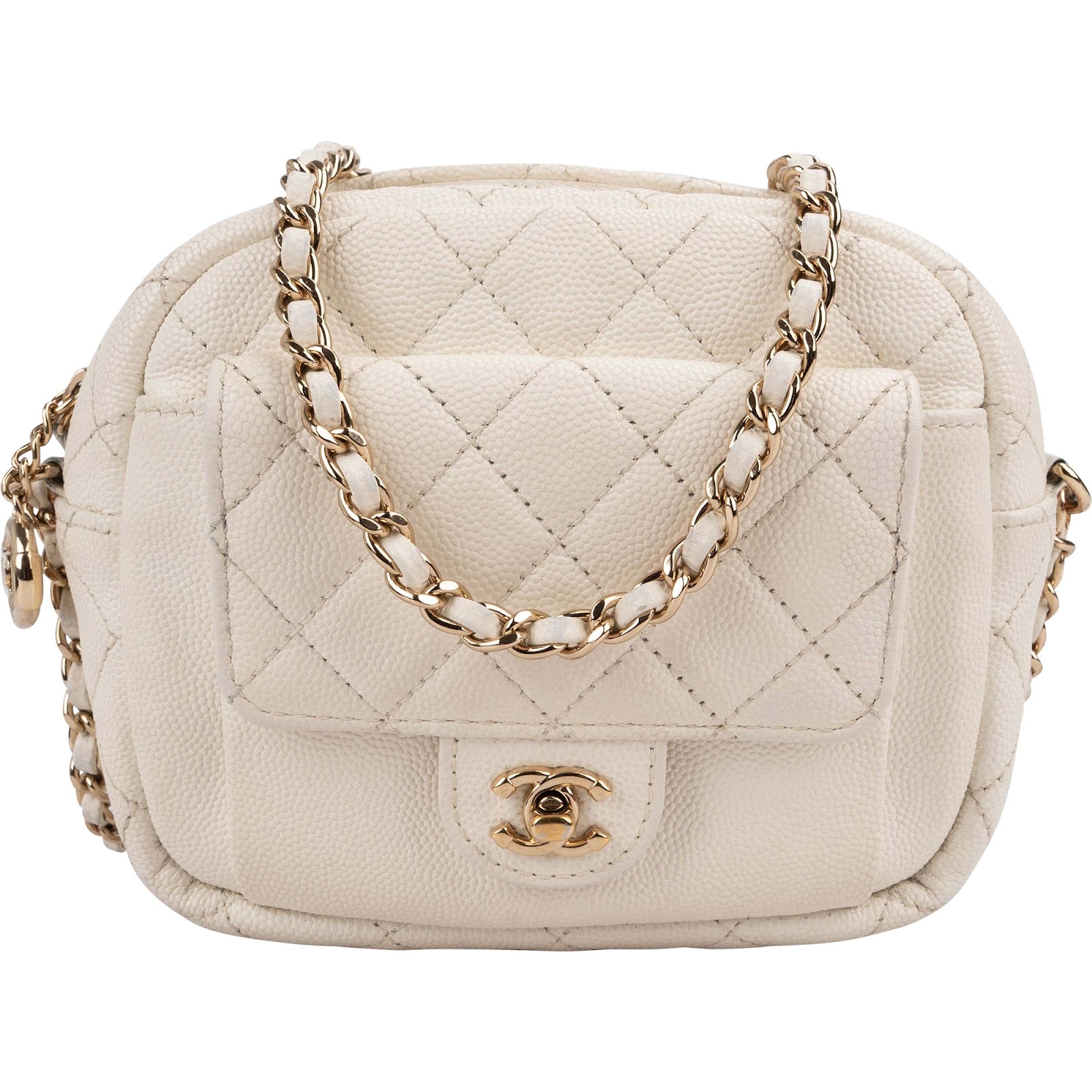 Chanel Quilted Caviar Leather Small Round Camera Crossbody Bag