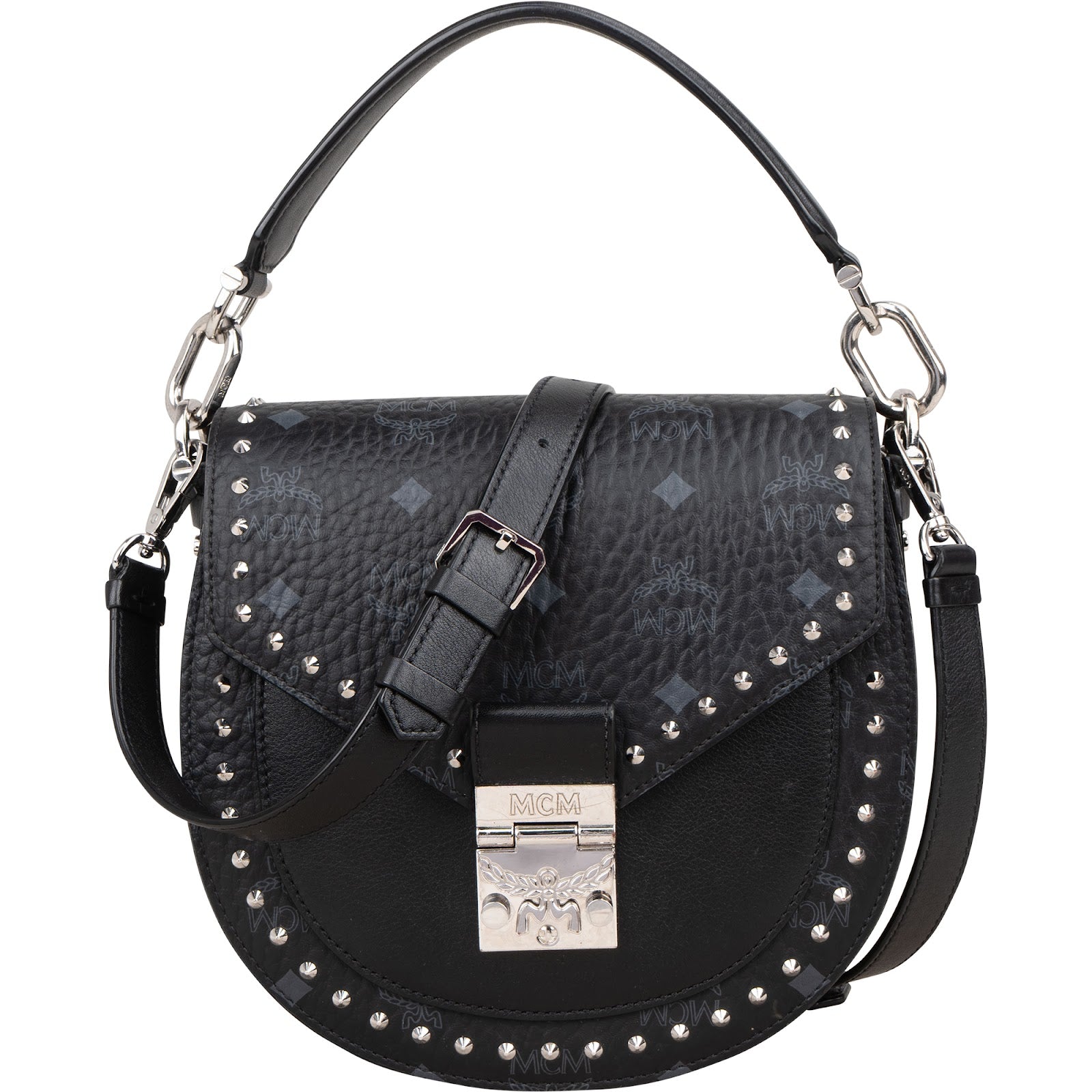 Sac à bandoulière MCM Visetos Monogram Patricia clouté, style « saddle »