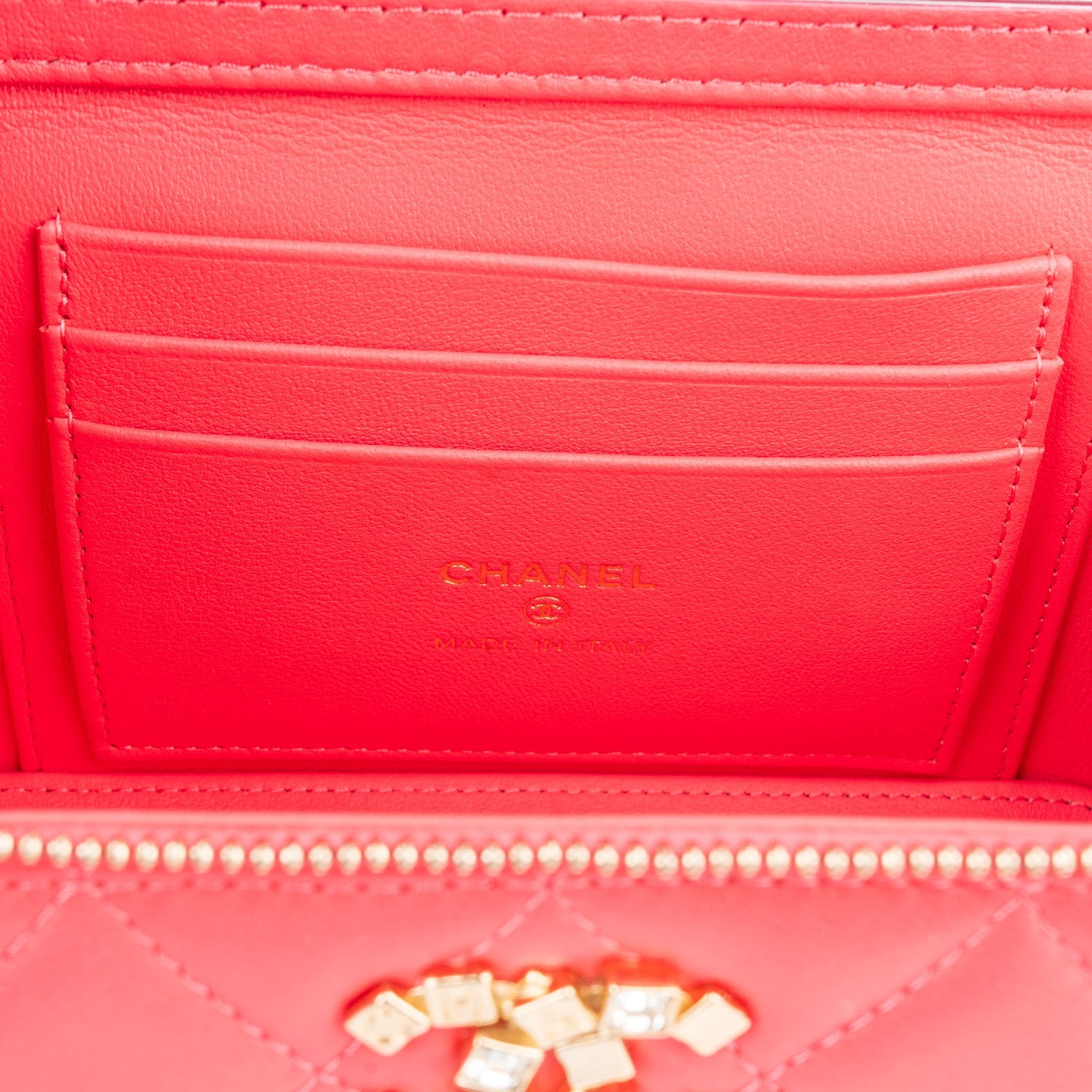 Chanel Quilted Lambskin Crystal Emblem CC Vanity Case