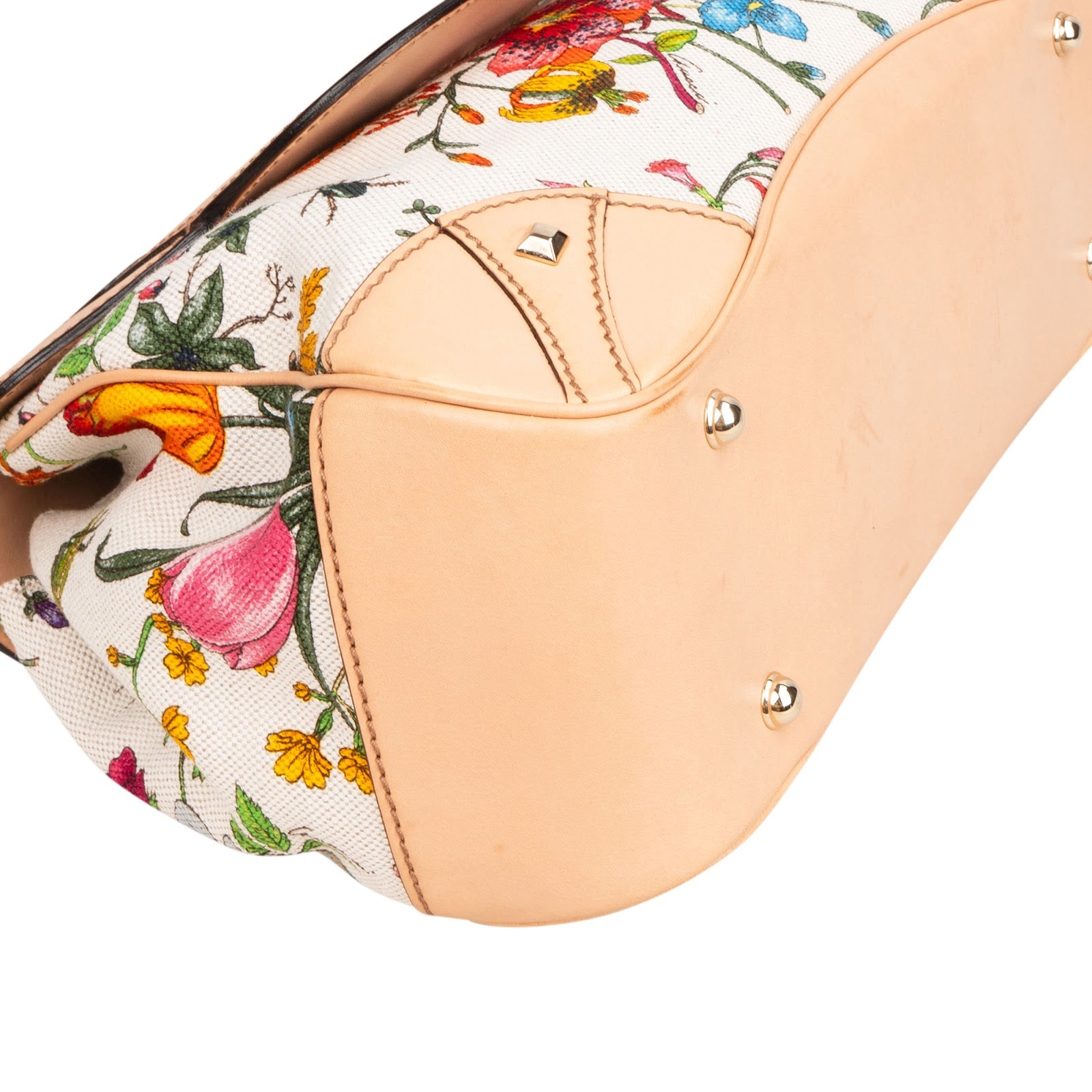 Gucci Rose Leather Flora Print Canvas Bamboo Top Handle Handbag
