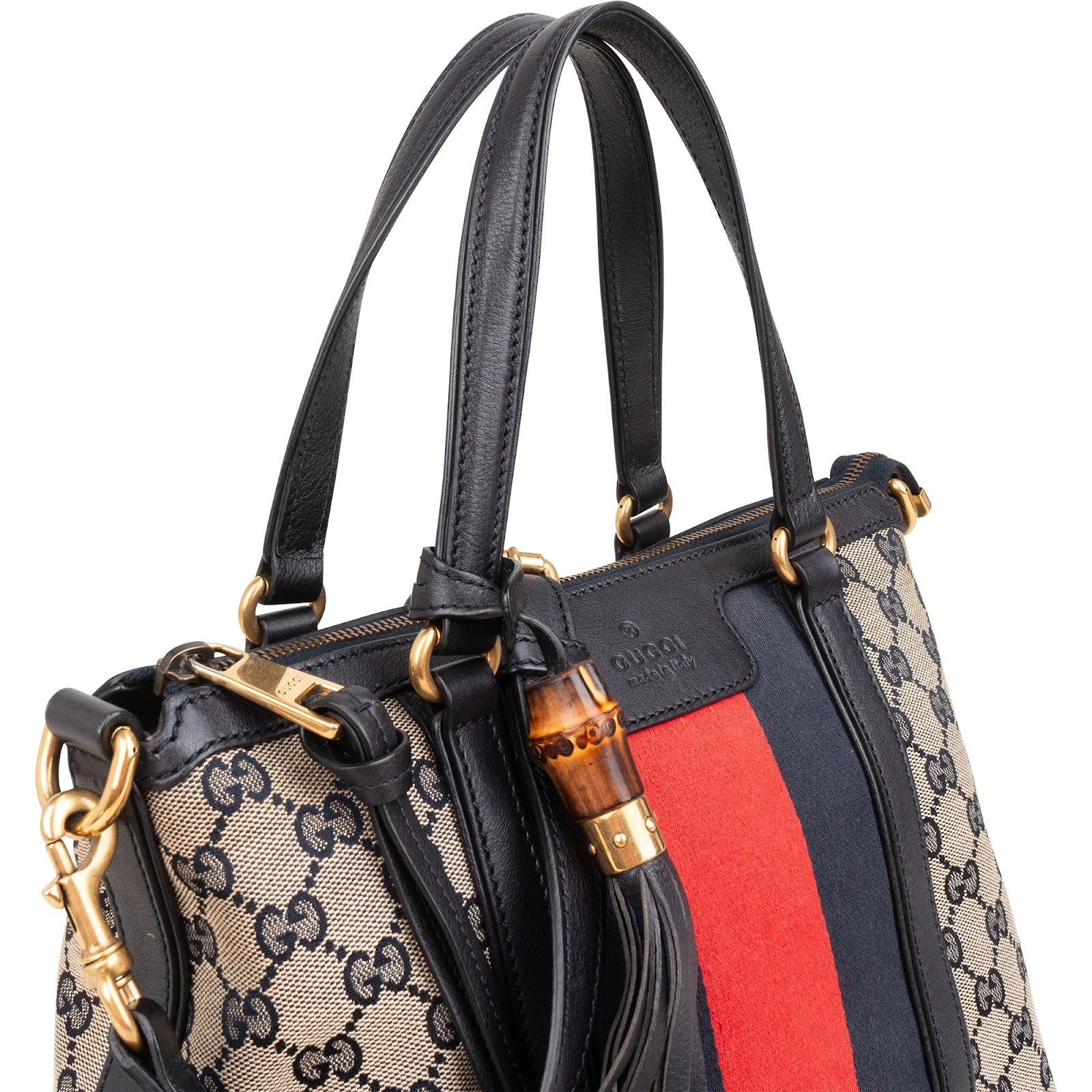 Gucci - GG Marrakech Web Stripe Bamboo Tassel Crossbody Bag