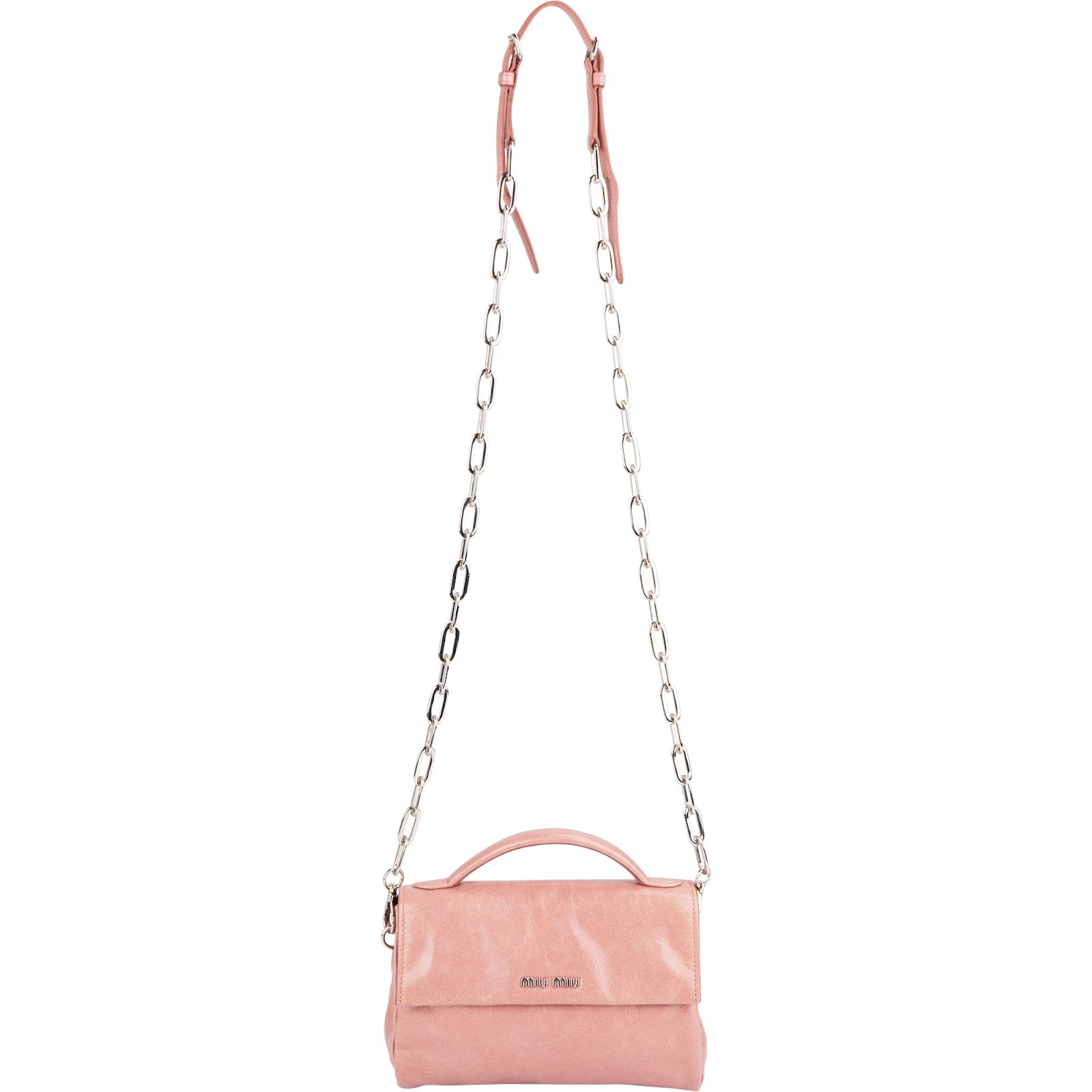 Różowa torebka Miu Miu z rączką na górze, wykonana ze skóry Vitello Lux, w stylu mini crossbody