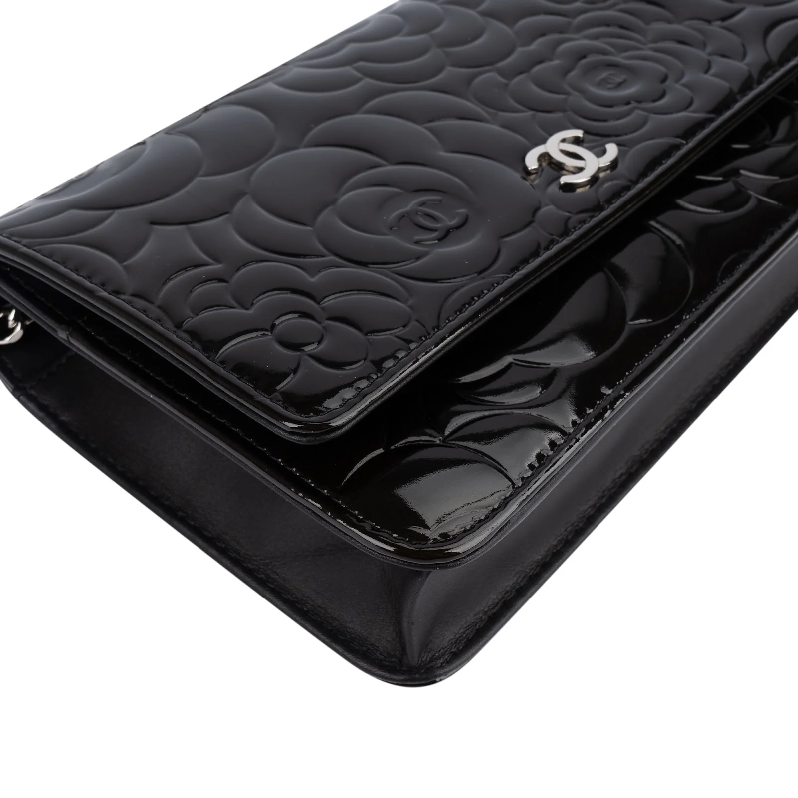 Chanel Patent Embossed Leather Camellia Wallet On Chain Crossbody Bag