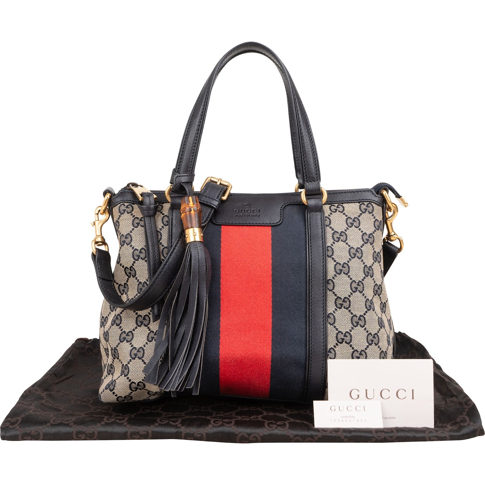 Gucci - GG Marrakech Web Stripe Bamboo Tassel Crossbody Bag