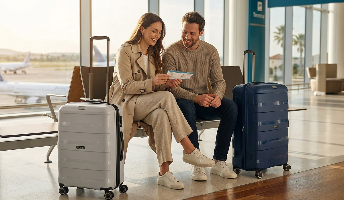 Paar mit modernen STRATIC Hartschalenkoffern im stilvollen Flughafen Terminal vor einer Flugreise