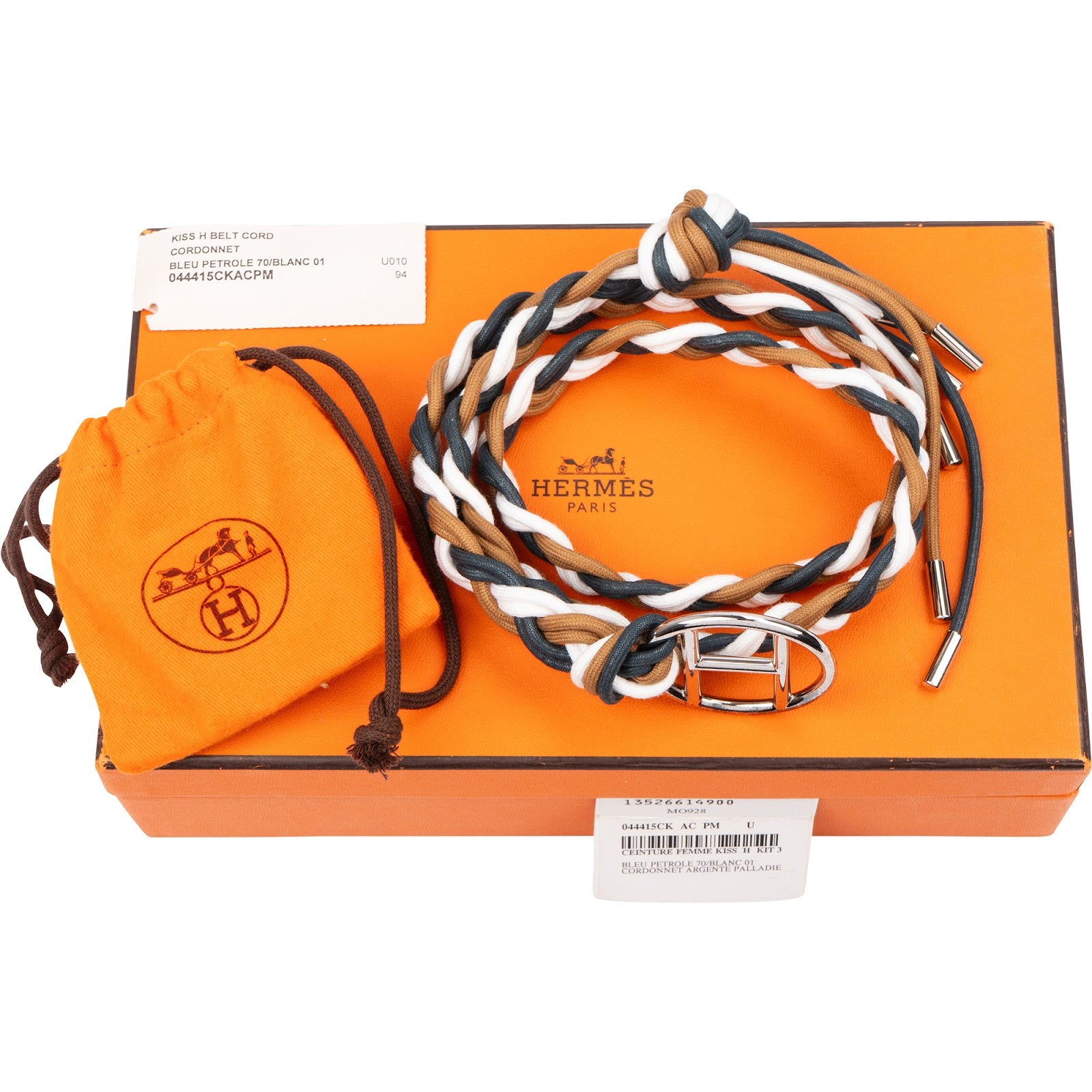 Hermès – Bleu Petrole Blanc Cordonnet Cord Kiss H-riem (70) Armband