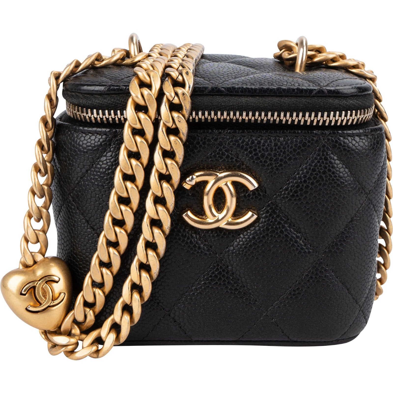 Chanel Quilted Caviar Mini Heart Chain Vanity Case Crossbody Bag