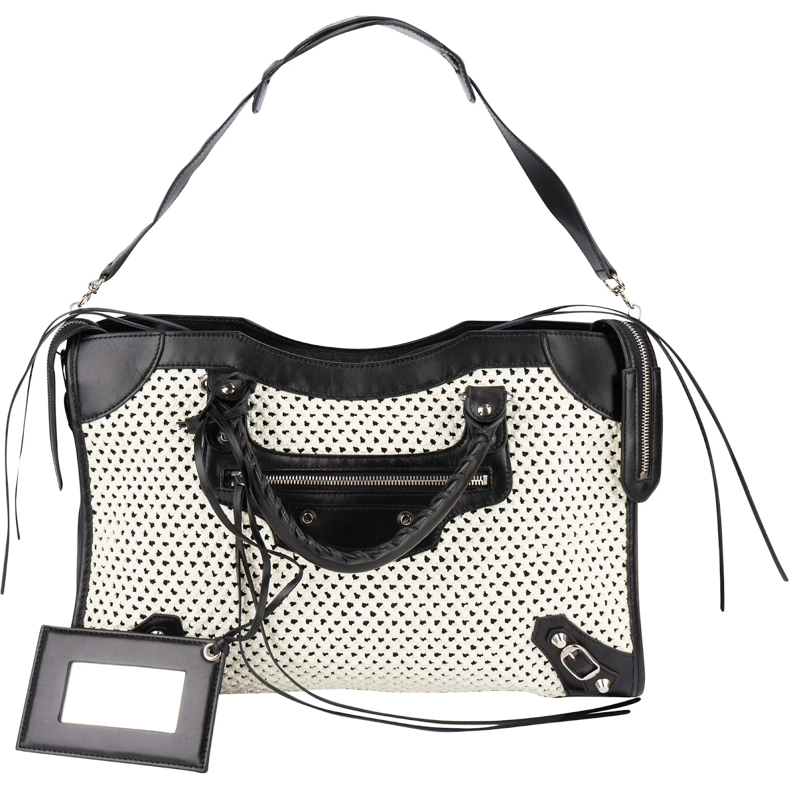 Balenciaga Black and White Raffia and Leather City Handbag