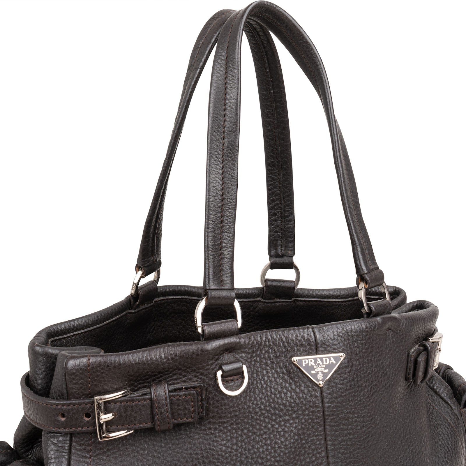 Prada Dark Brown Vitello Daino Leather Buckle Satchel Handbag