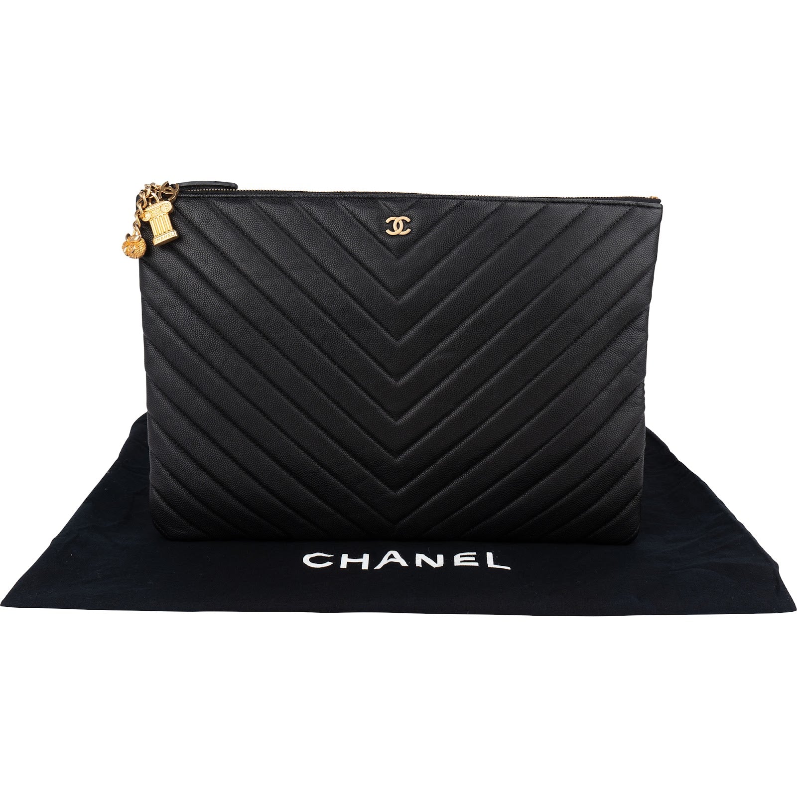 Chanel Caviar Leather Chevron Charms Clutch