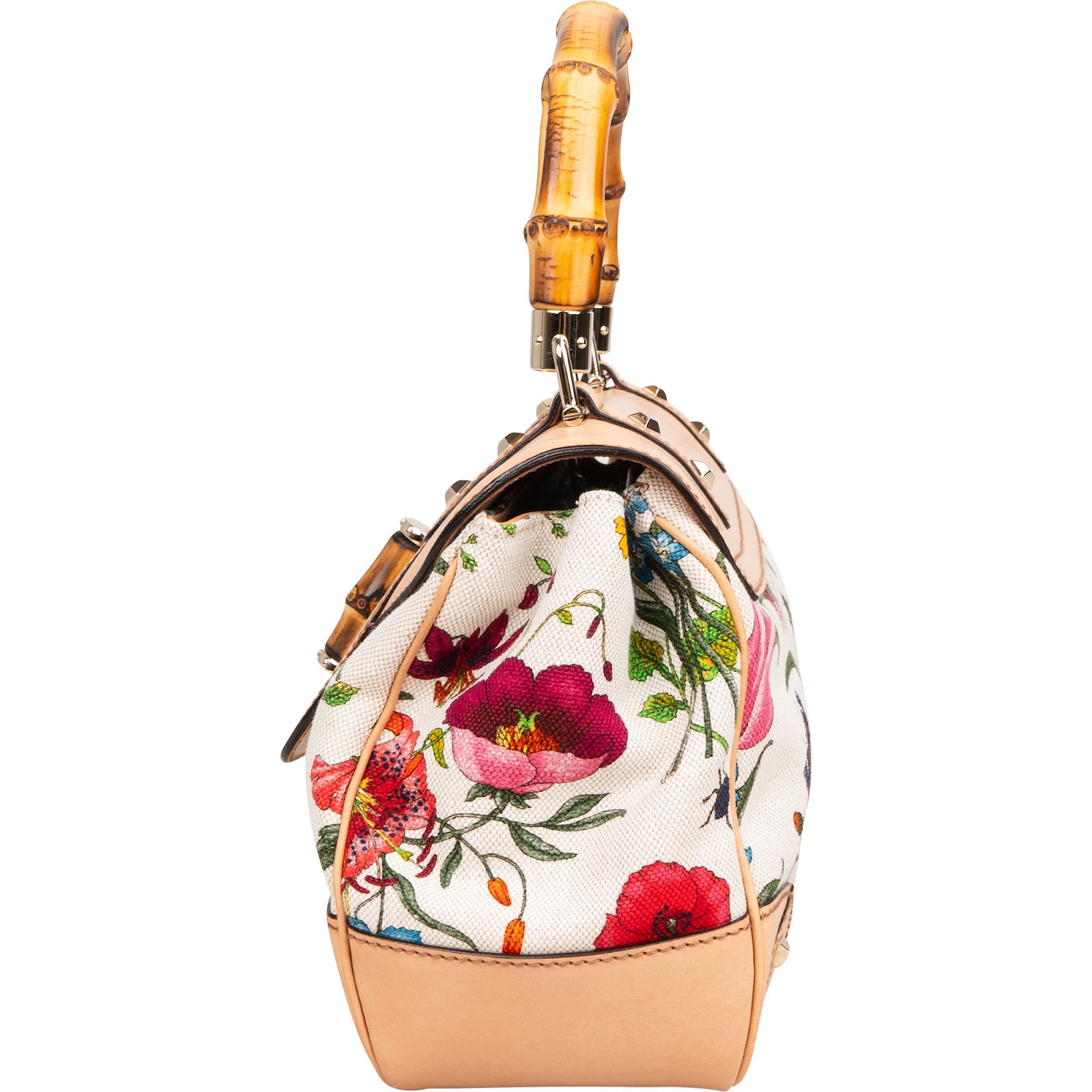 Gucci Rose Leather Flora Print Canvas Bamboo Top Handle Handbag