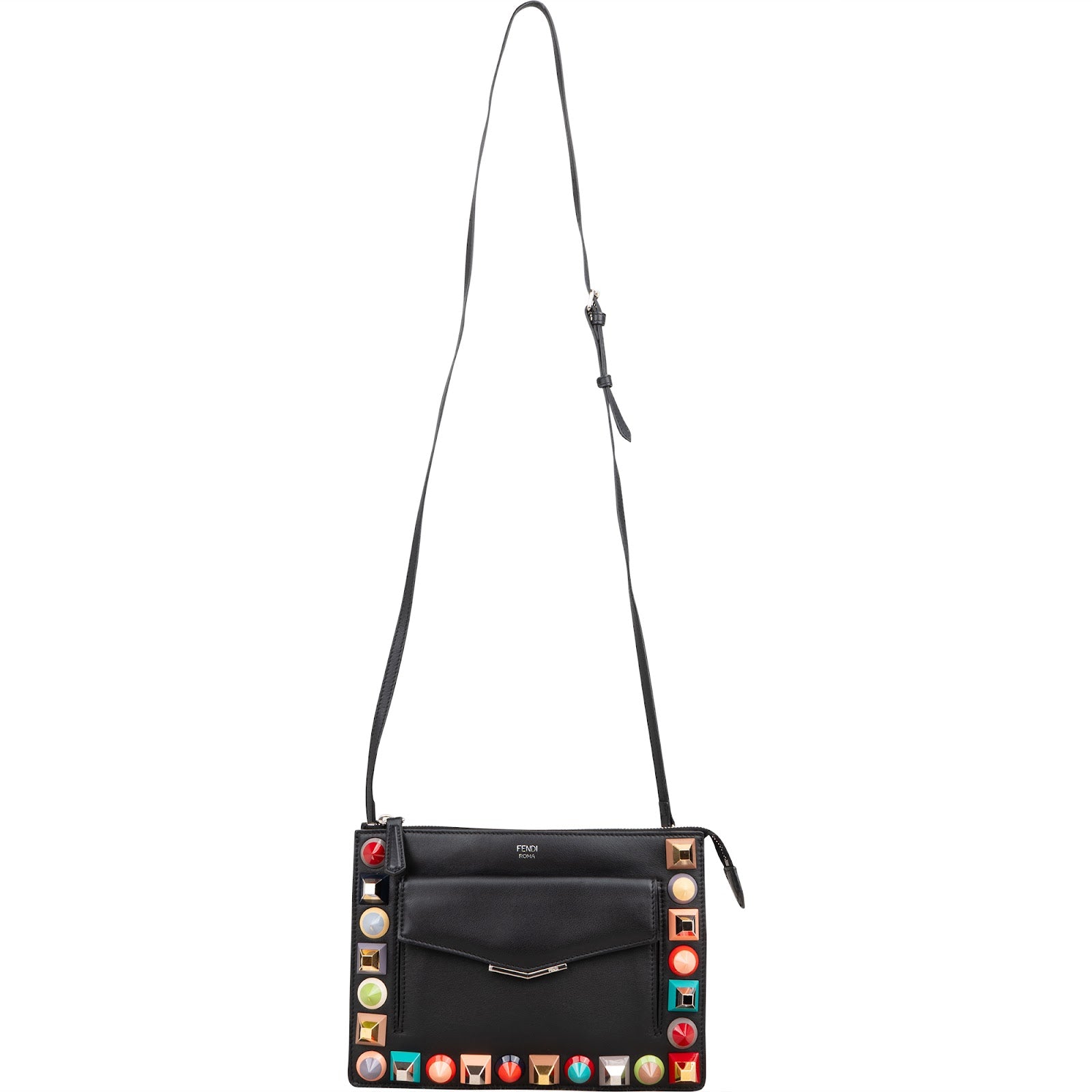 Fendi Black Leather Rainbow Studded Crossbody Bag