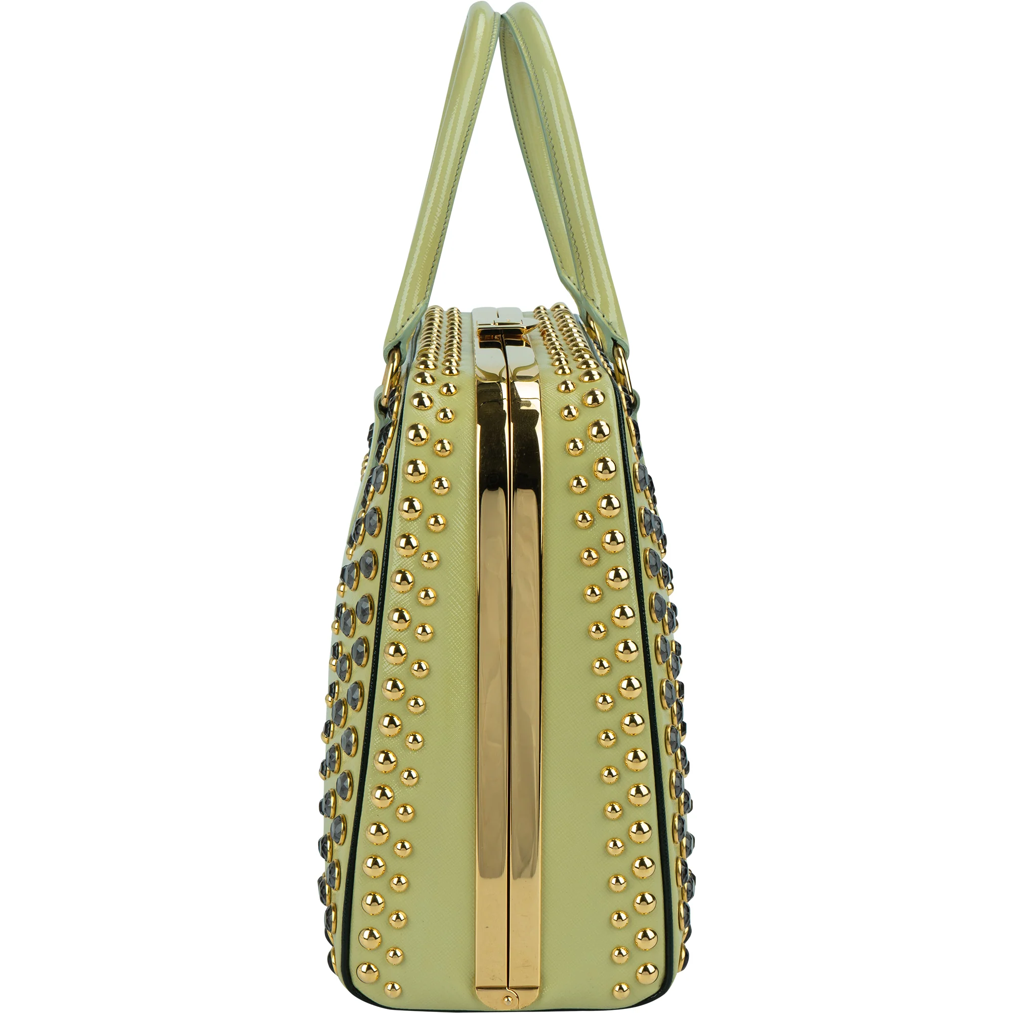 Prada Saffiano Vernic Leather Pyramid Frame Crystal Studded Promenade Handbag