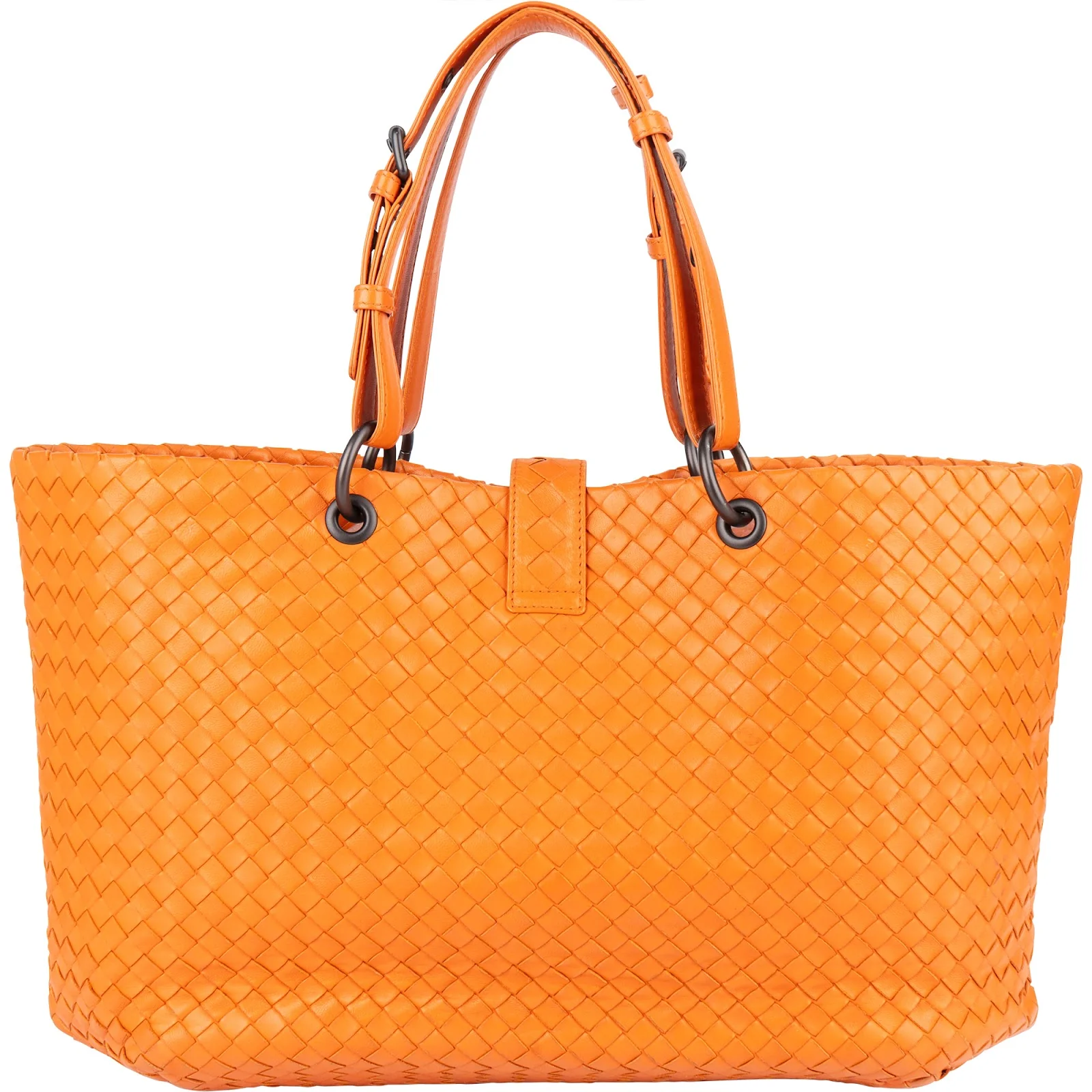 Bottega Veneta Orange Intrecciato Leather Capri Lock Tote Handbag