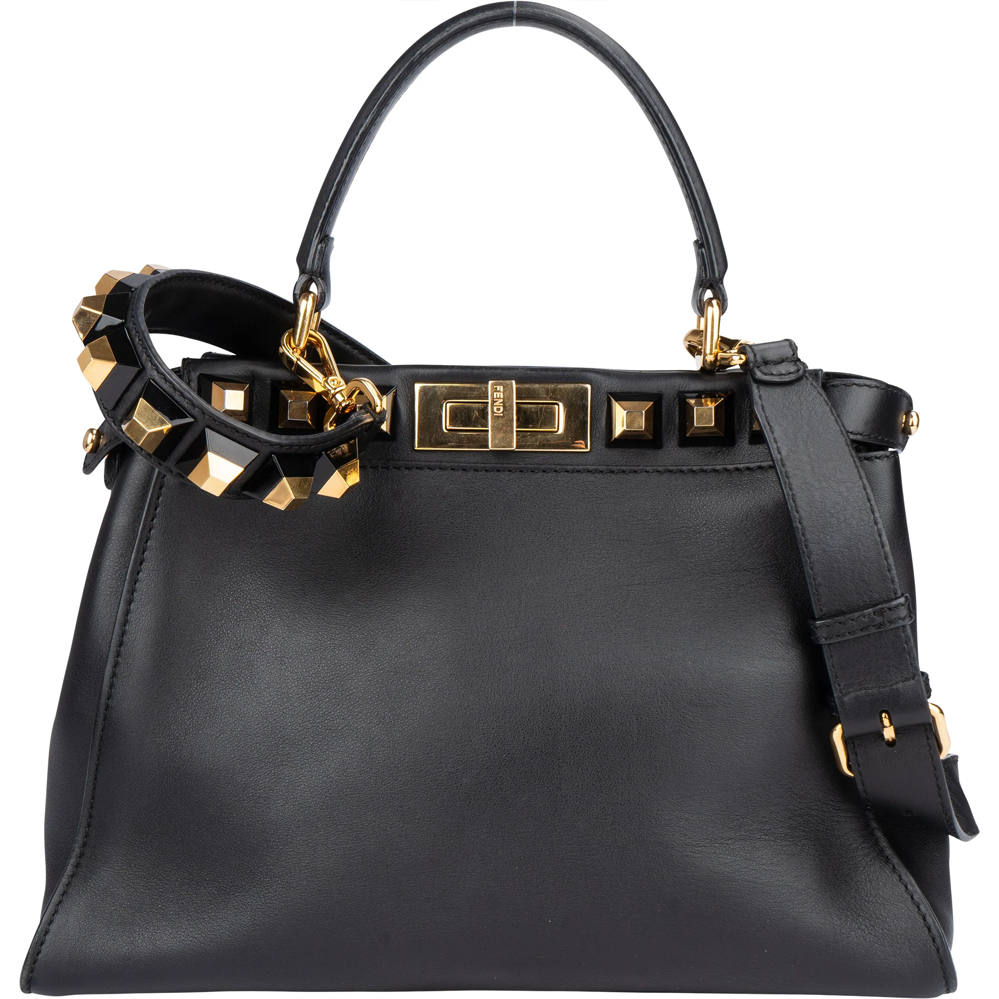 Fendi Noir Leather Gold Edition Spikes Peekaboo Handbag