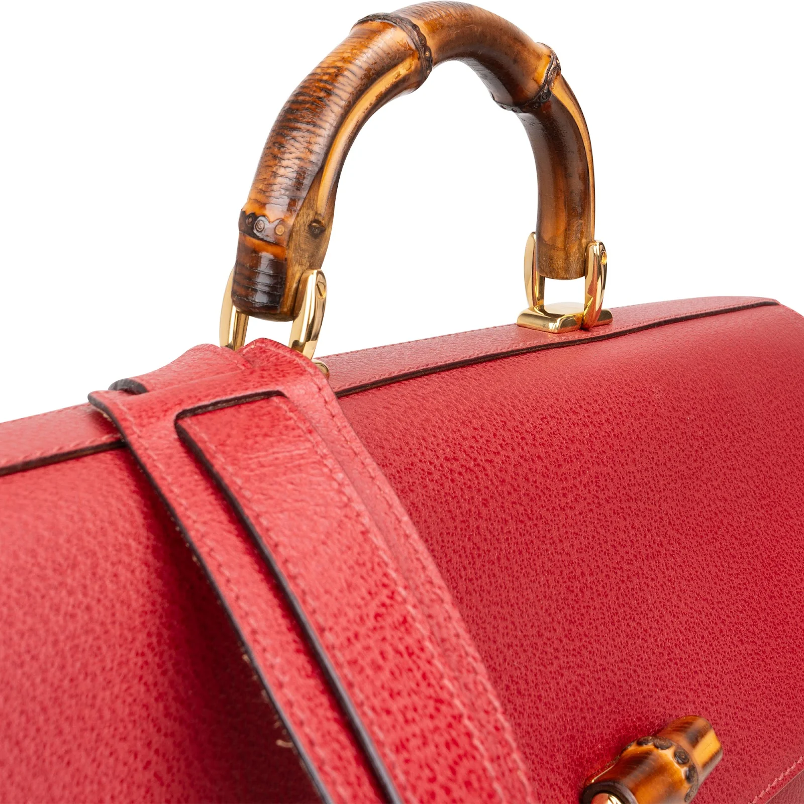 Gucci Red Grained Leather Bamboo Aktentasche Crossbody