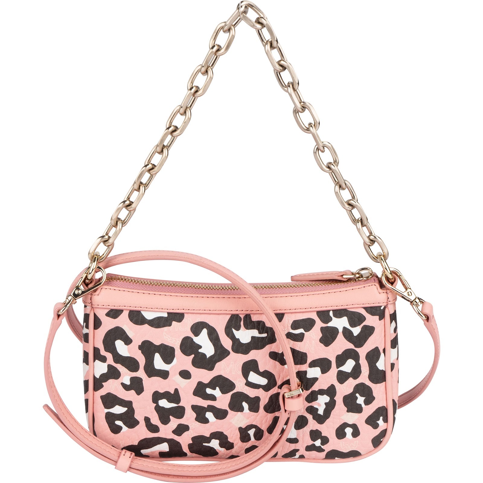 MCM Monogram Visetos Pink Leopard Print Aren Pochette Crossbody Handbag