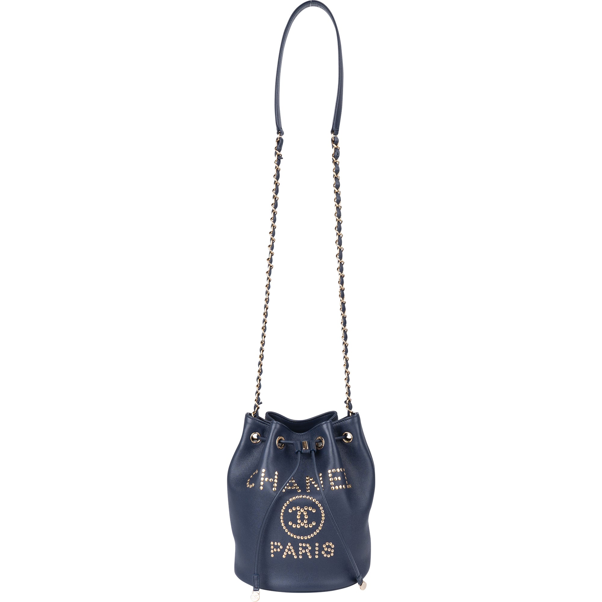 Chanel Bleu Caviar Leather Deauville Bucket Crossbody Bag