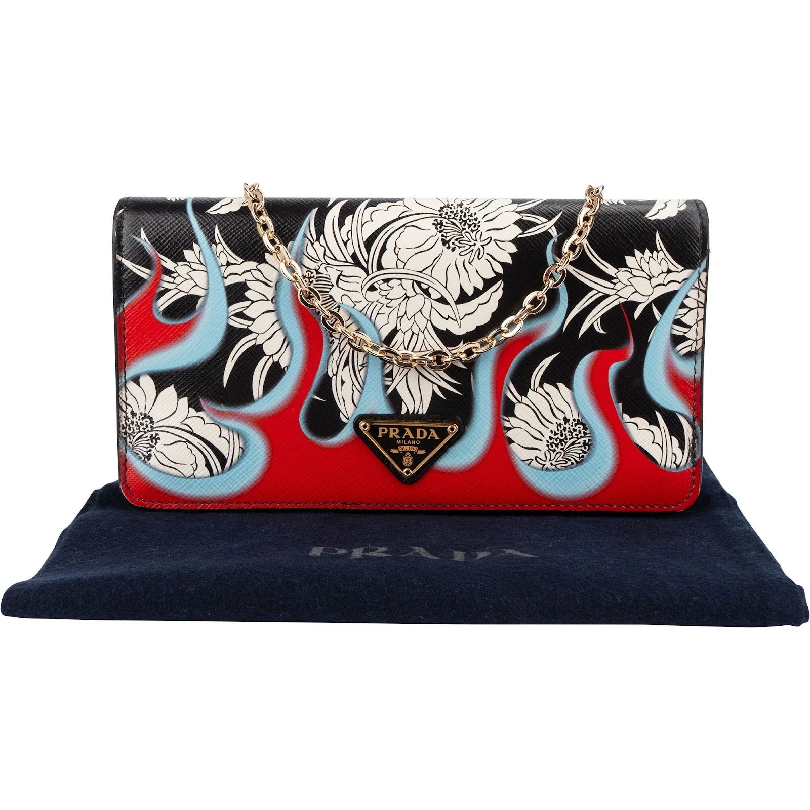Prada Saffiano Leather Floral Flame Wallet on Chain Crossbody Bag