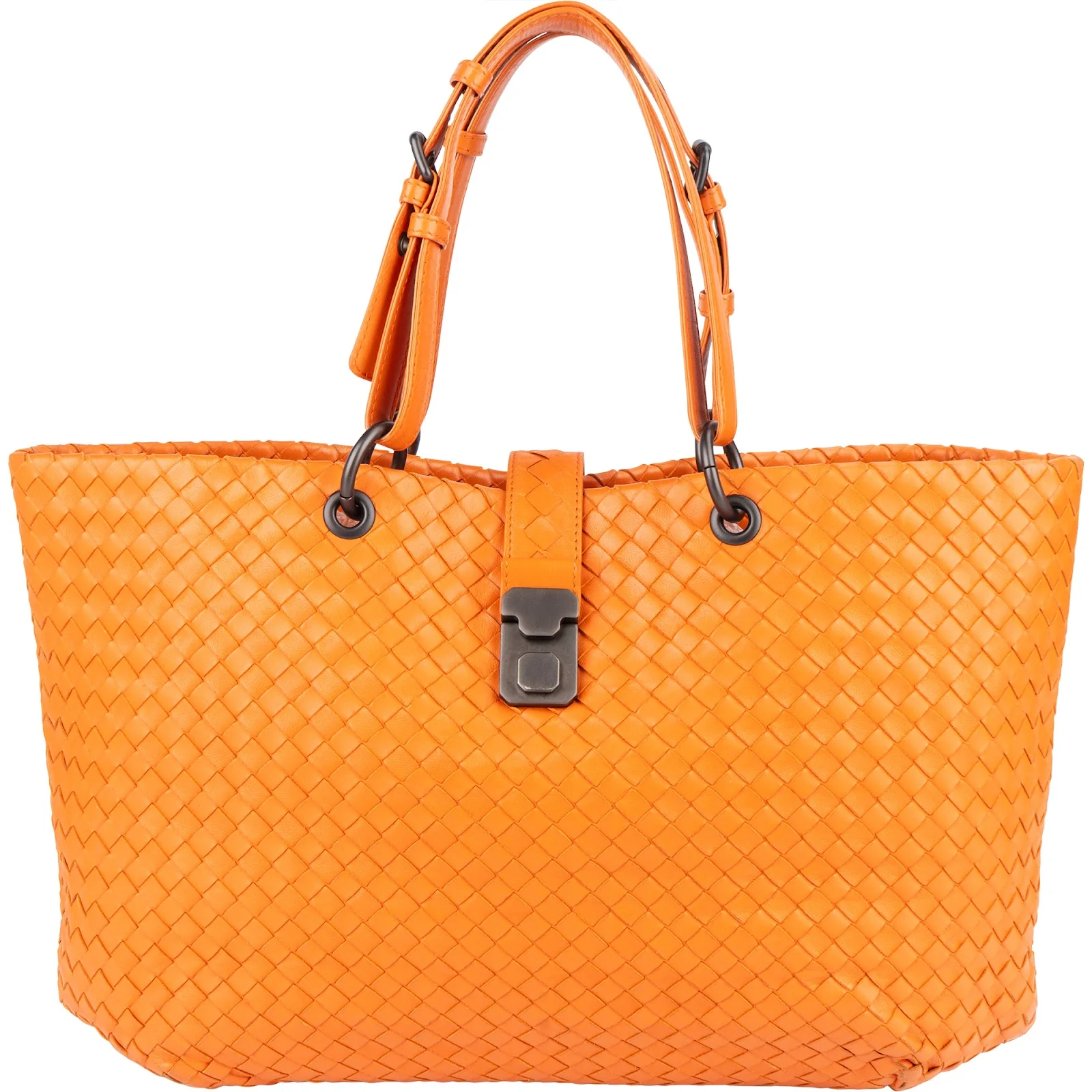 Bottega Veneta Orange Intrecciato Leather Capri Lock Tote Handbag