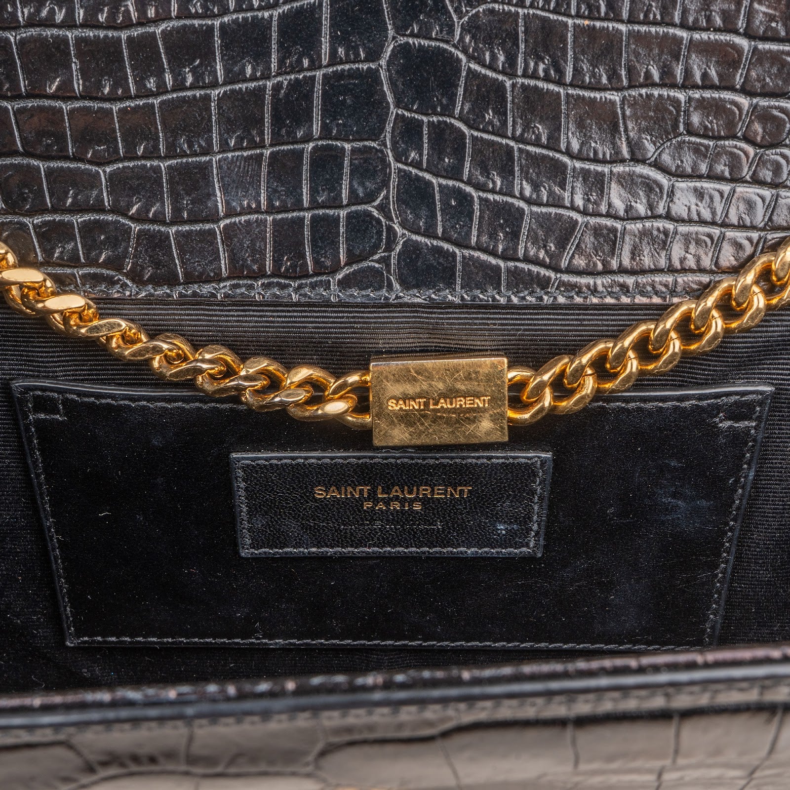 Saint Laurent Croc-Embossed Leather Kate Tassel Chain Crossbody Bag