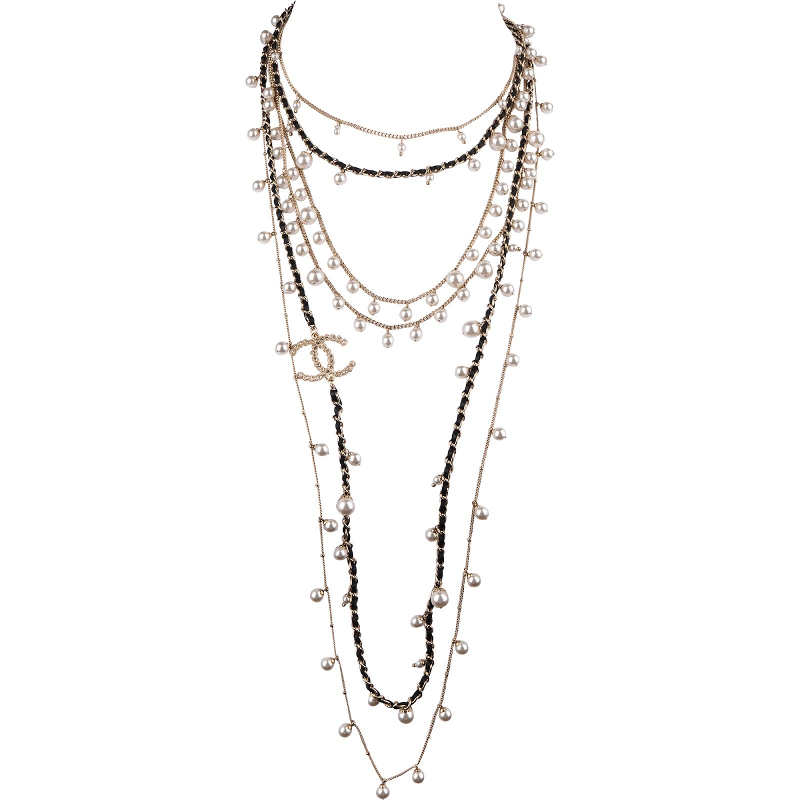 Chanel Multi-Strand Pearl Leather Chain CC Sautoir Necklace