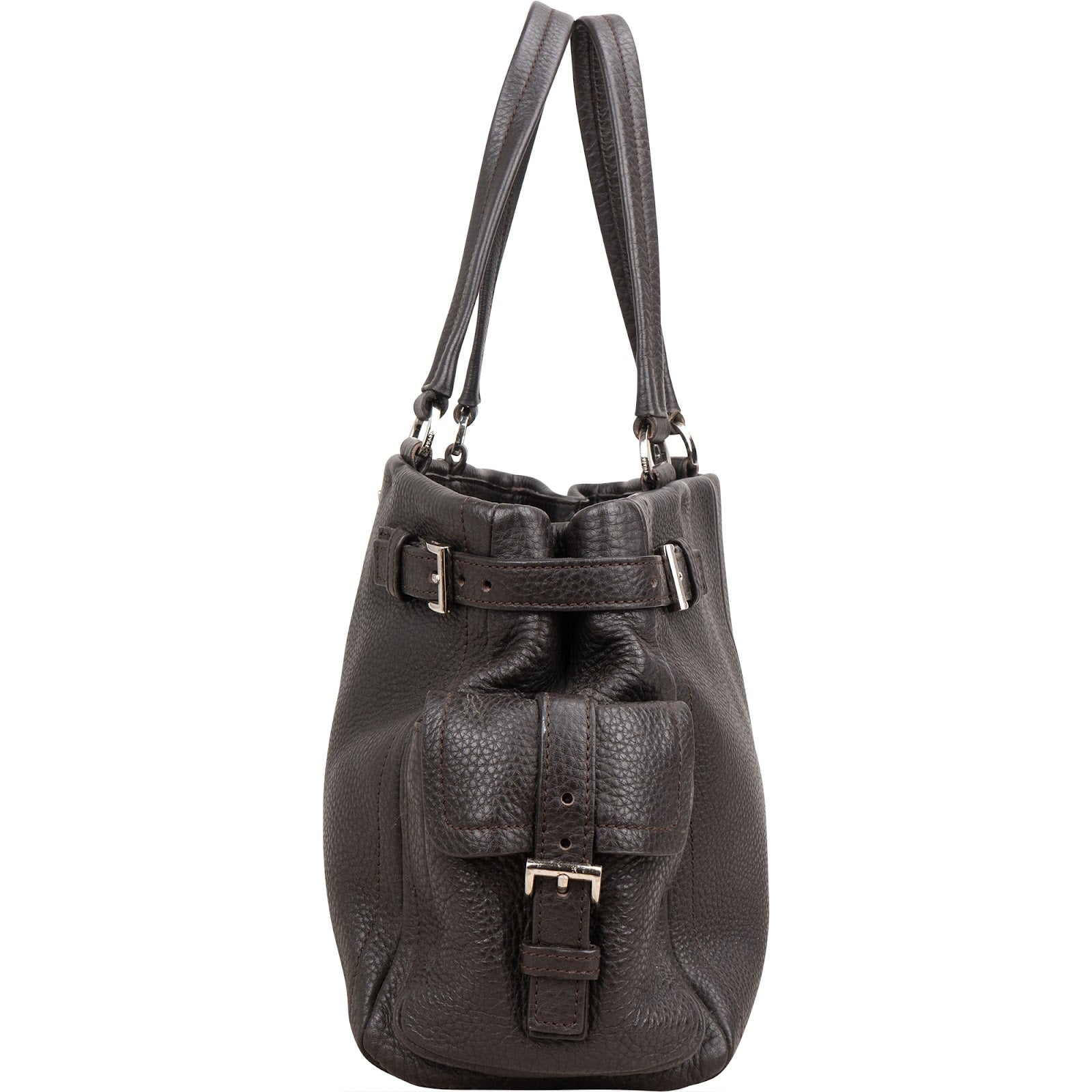 Prada Dark Brown Vitello Daino Leather Buckle Satchel Handbag
