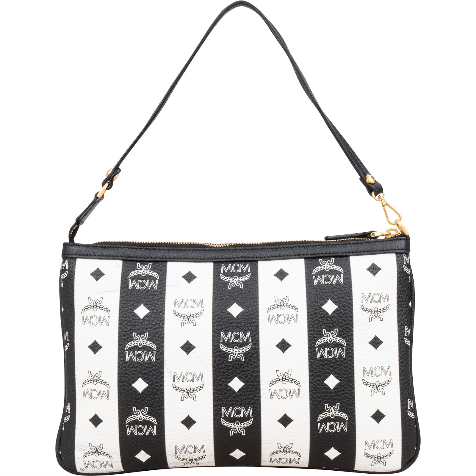 MCM Monogram Visetos Black and White Vertical Stripe Liz Clutch