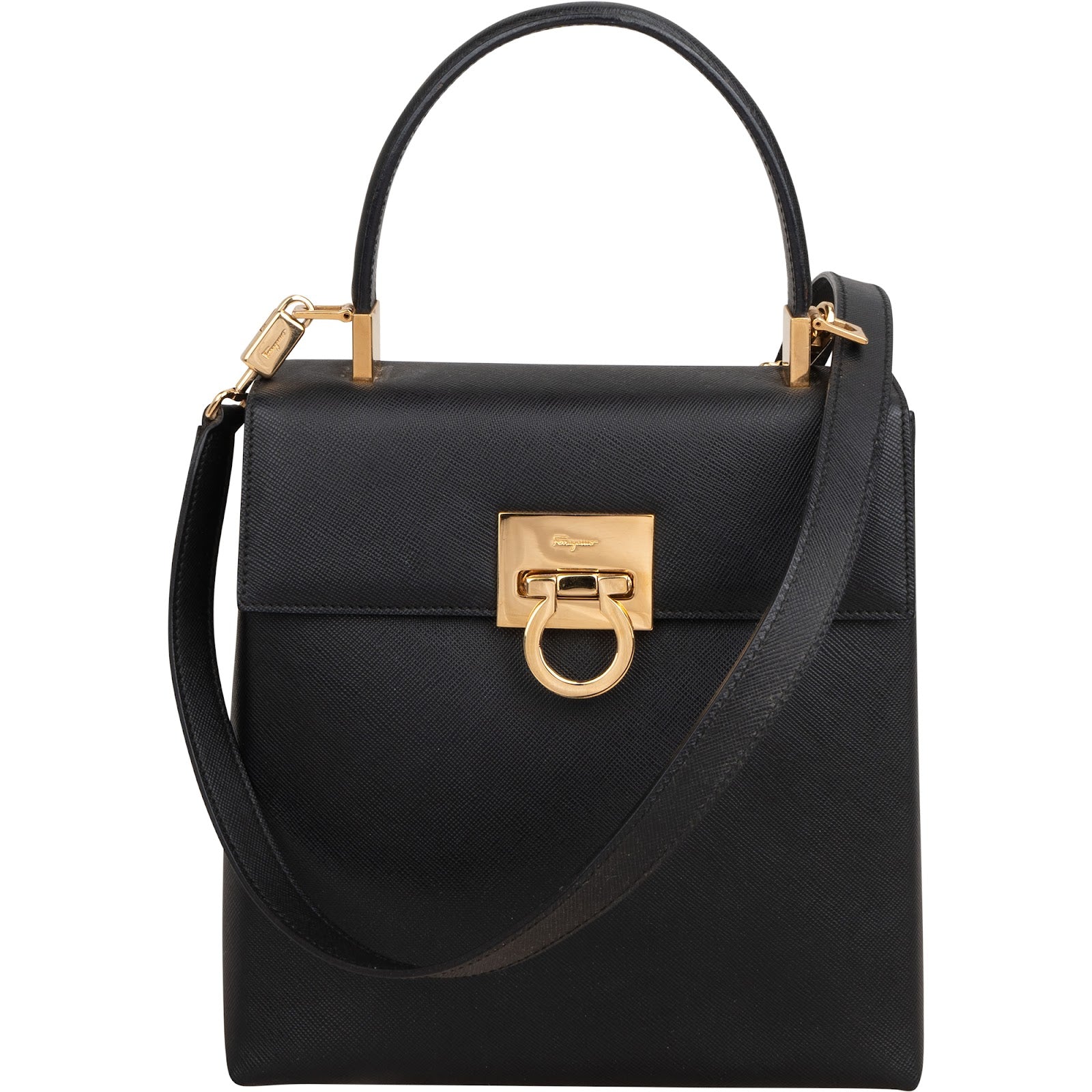 Salvatore Ferragamo Black Saffiano Leather Gancini Handbag