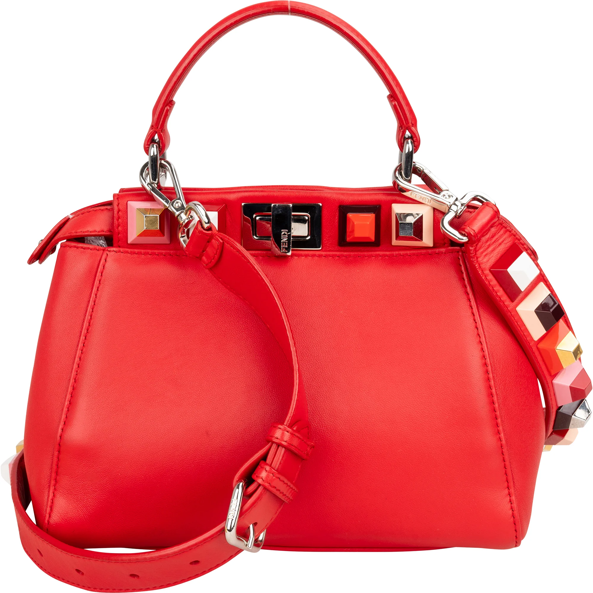 Fendi Red Leather Spikes Mini Peekaboo Handbag