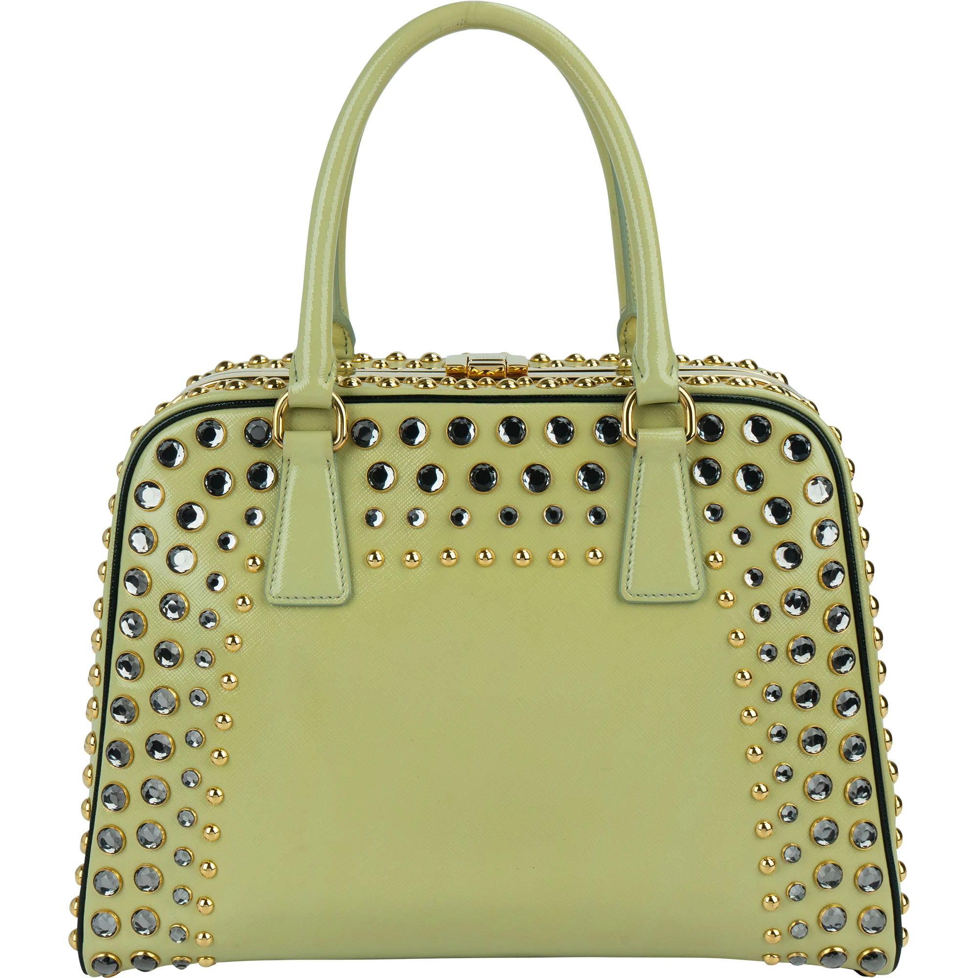 Prada Saffiano Vernic Leather Pyramid Frame Crystal Studded Promenade Handbag