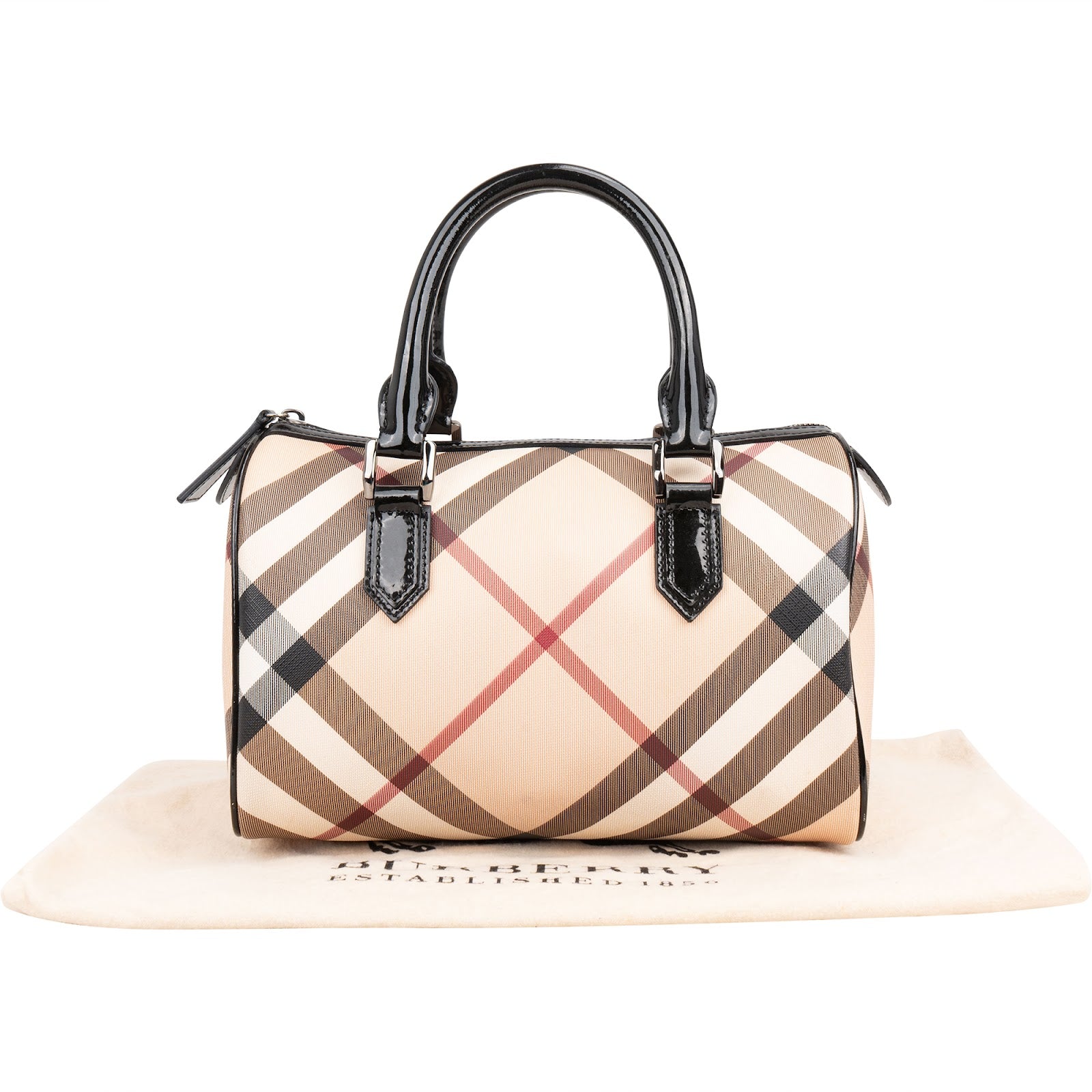Burberry Nova-Check Monogram Patent Leather Nova Check Small Boston Bag Handbag
