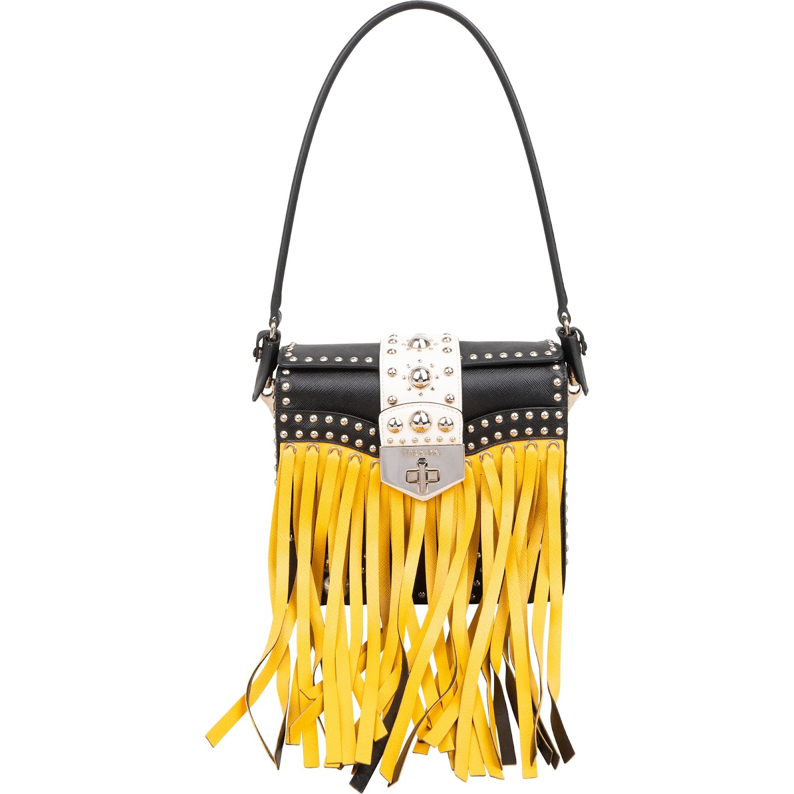 Prada Saffiano Leather Studded Fringe Turnlock Cahier Shoulder Bag