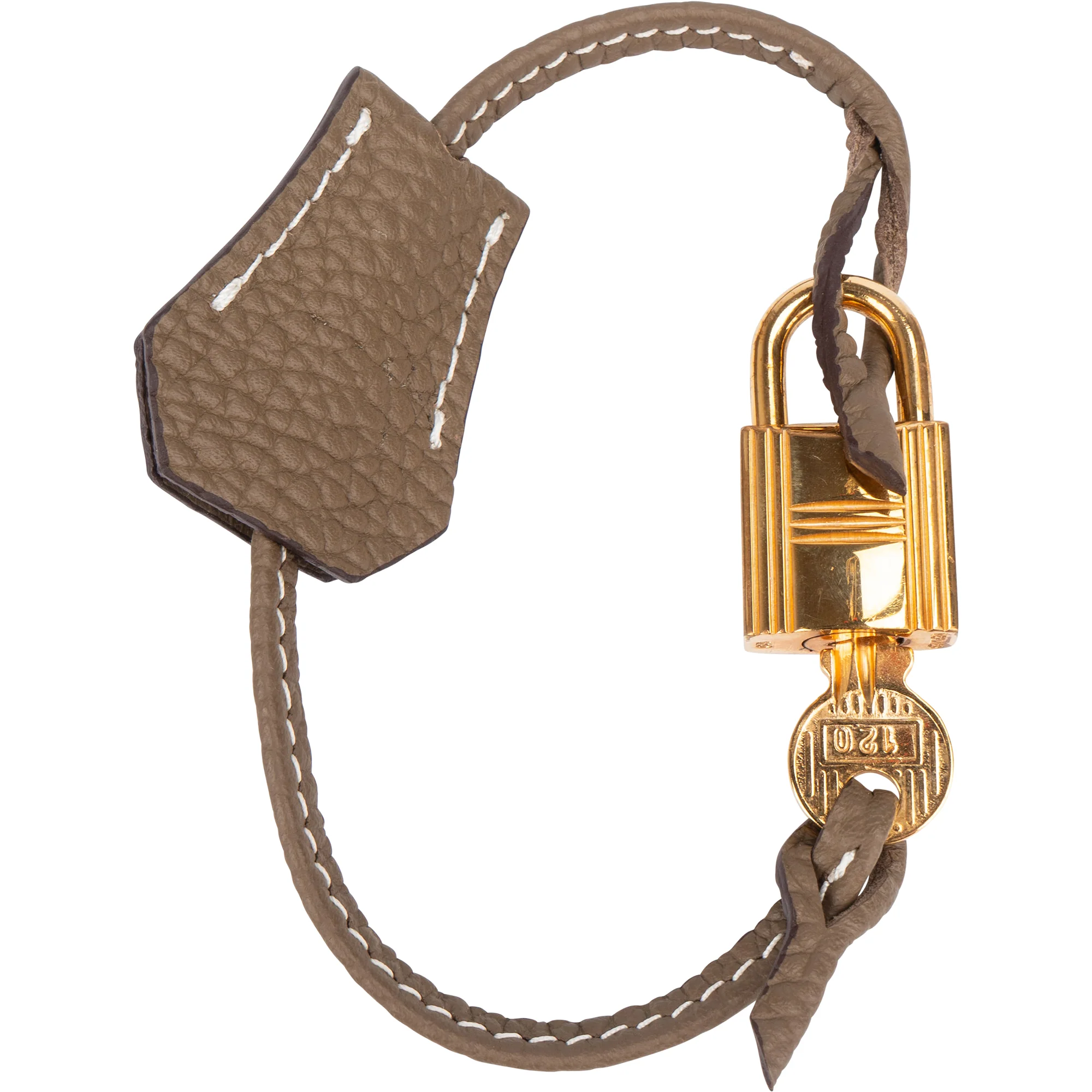 Hermès Taupe Togo Leather Clochette + Golden Padlock Schloss