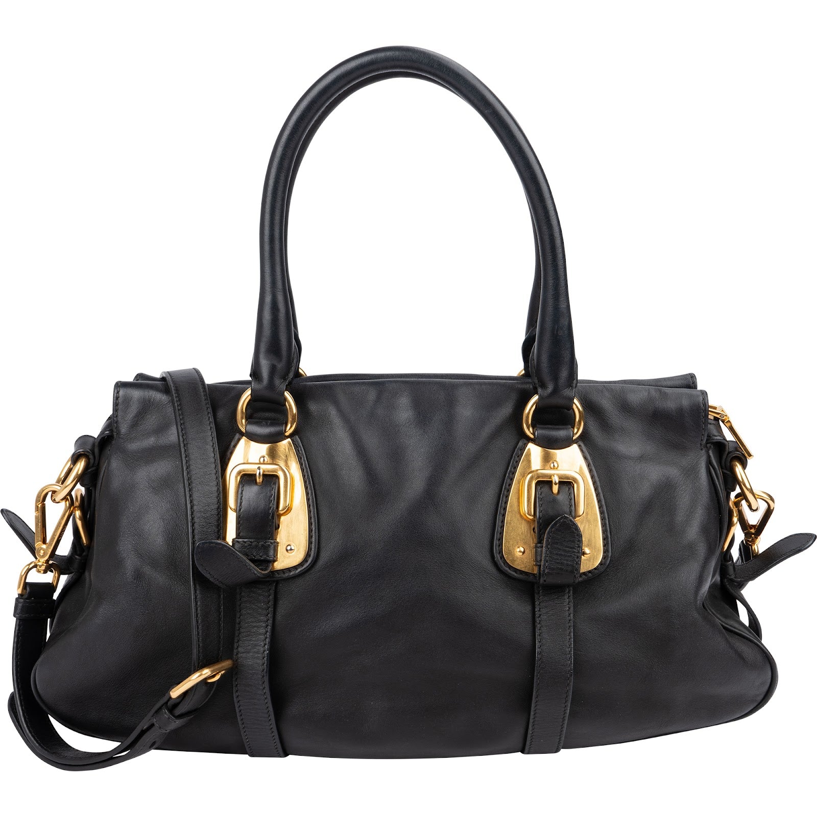 Prada Black Leather Buckle Tote Handbag
